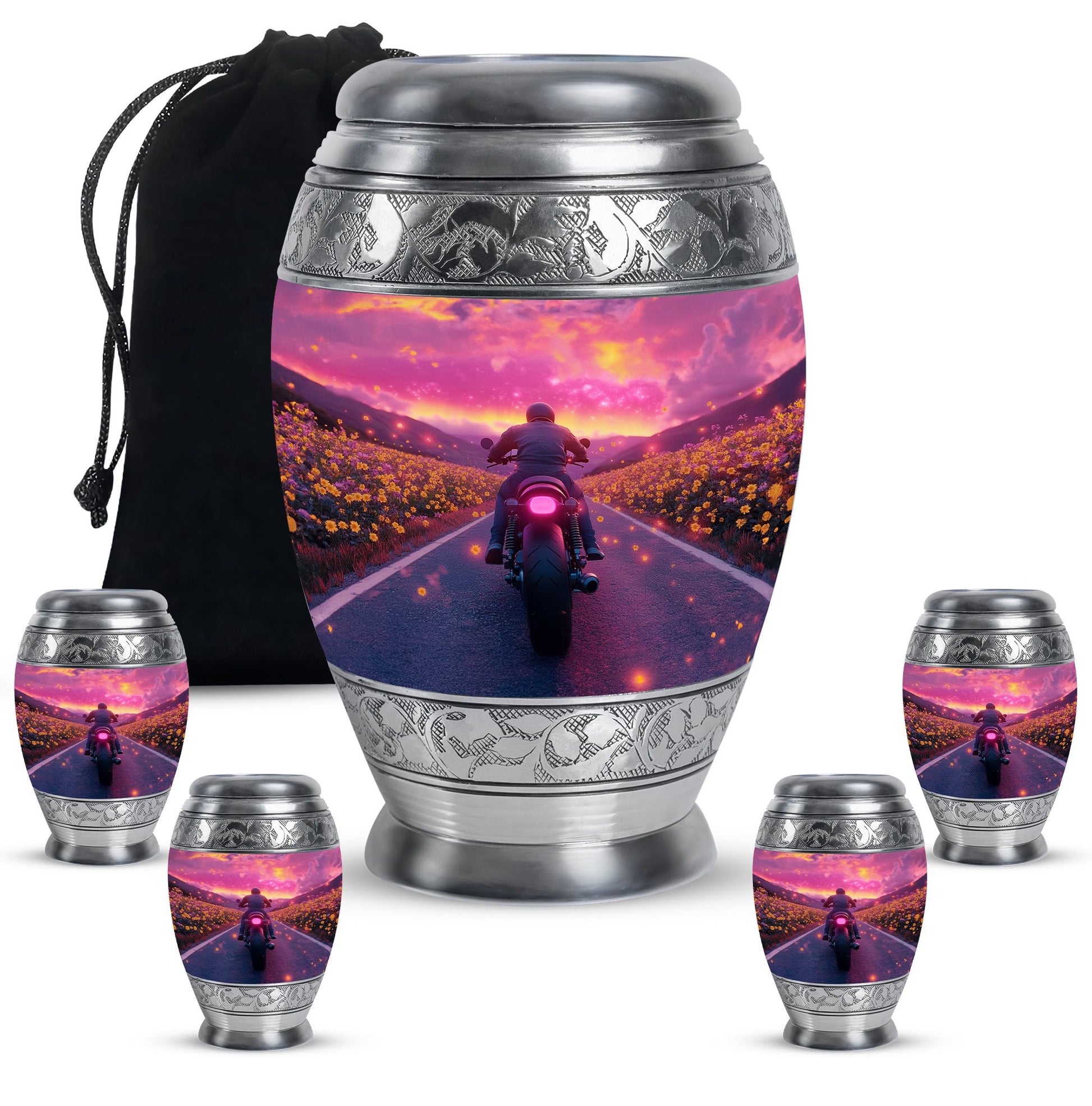 Motorbike Riders Theme Large Urn With 4 Keepsake Urn