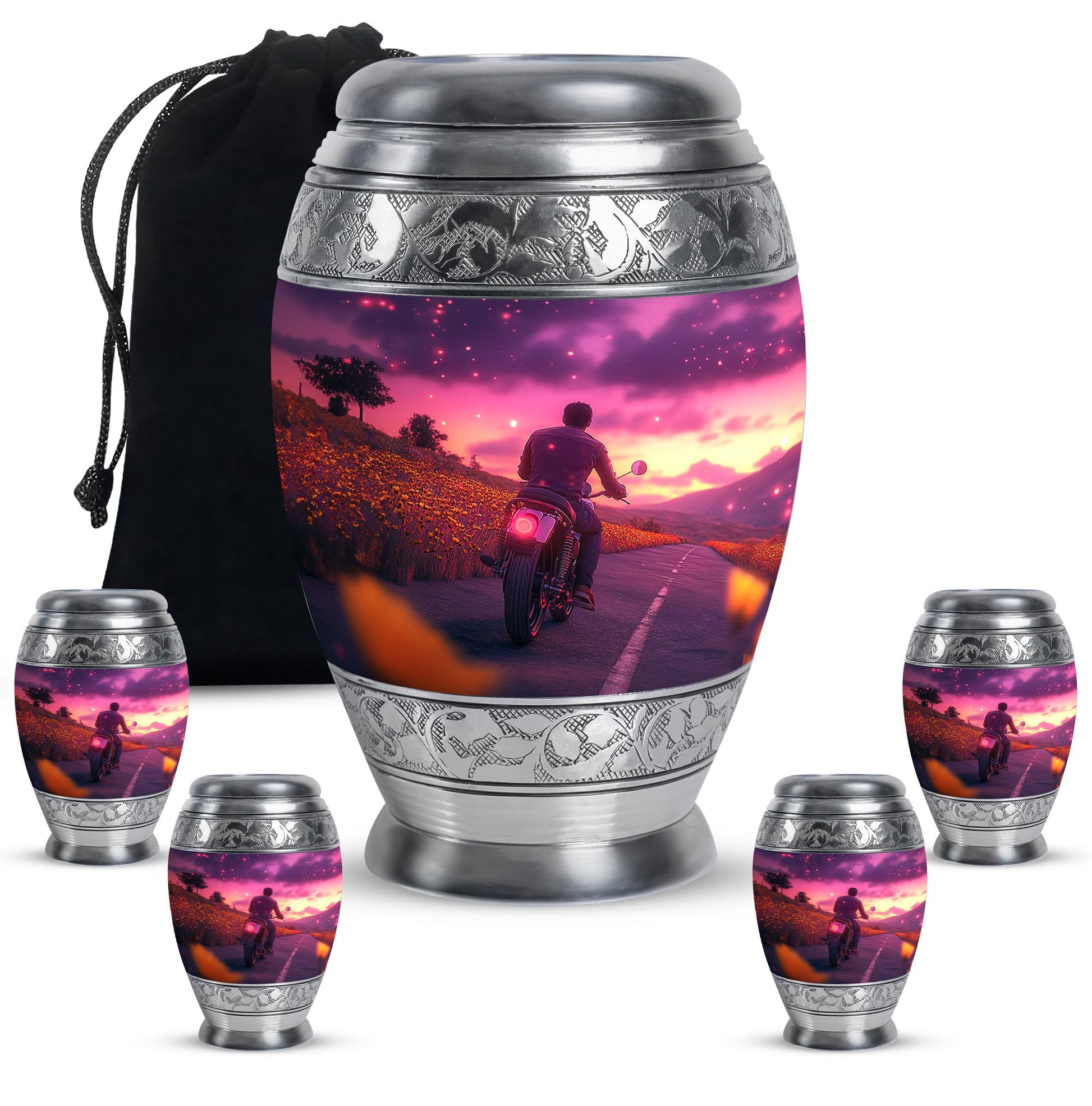 Motorbike Riders Theme Large Urn With 4 Keepsake Urn