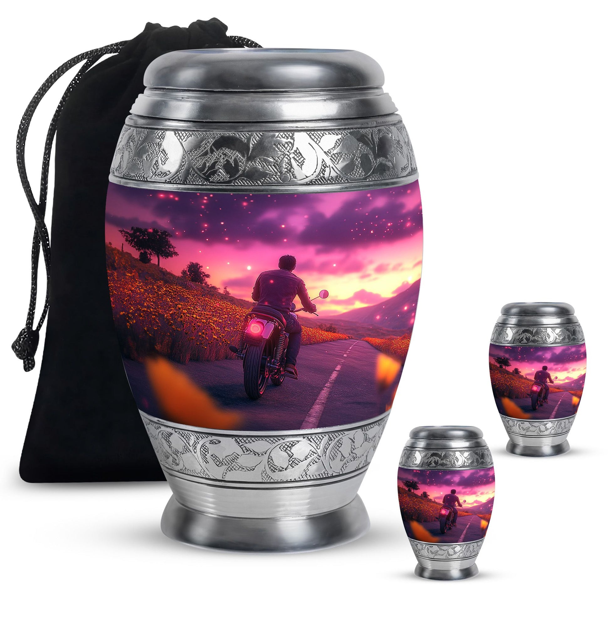 Motorbike Riders Theme Large Urn With 2 Keepsake Urn