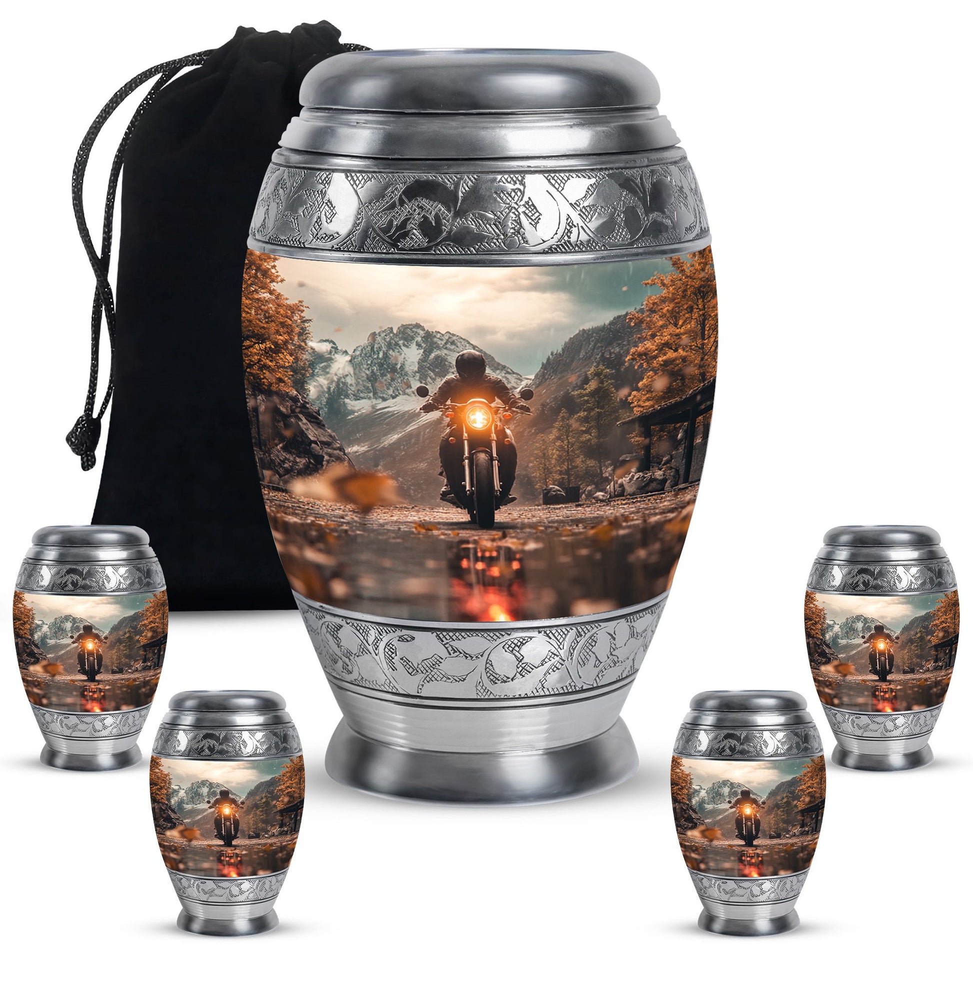 Motorbike Riders Theme Large Urn With 4 Keepsake Urn