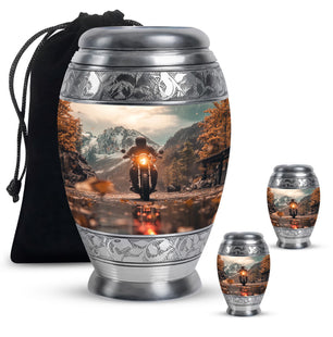 Motorbike Riders Theme Large Urn With 2 Keepsake Urn
