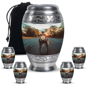 Motorbike Riders Theme Large Urn With 4 Keepsake Urn