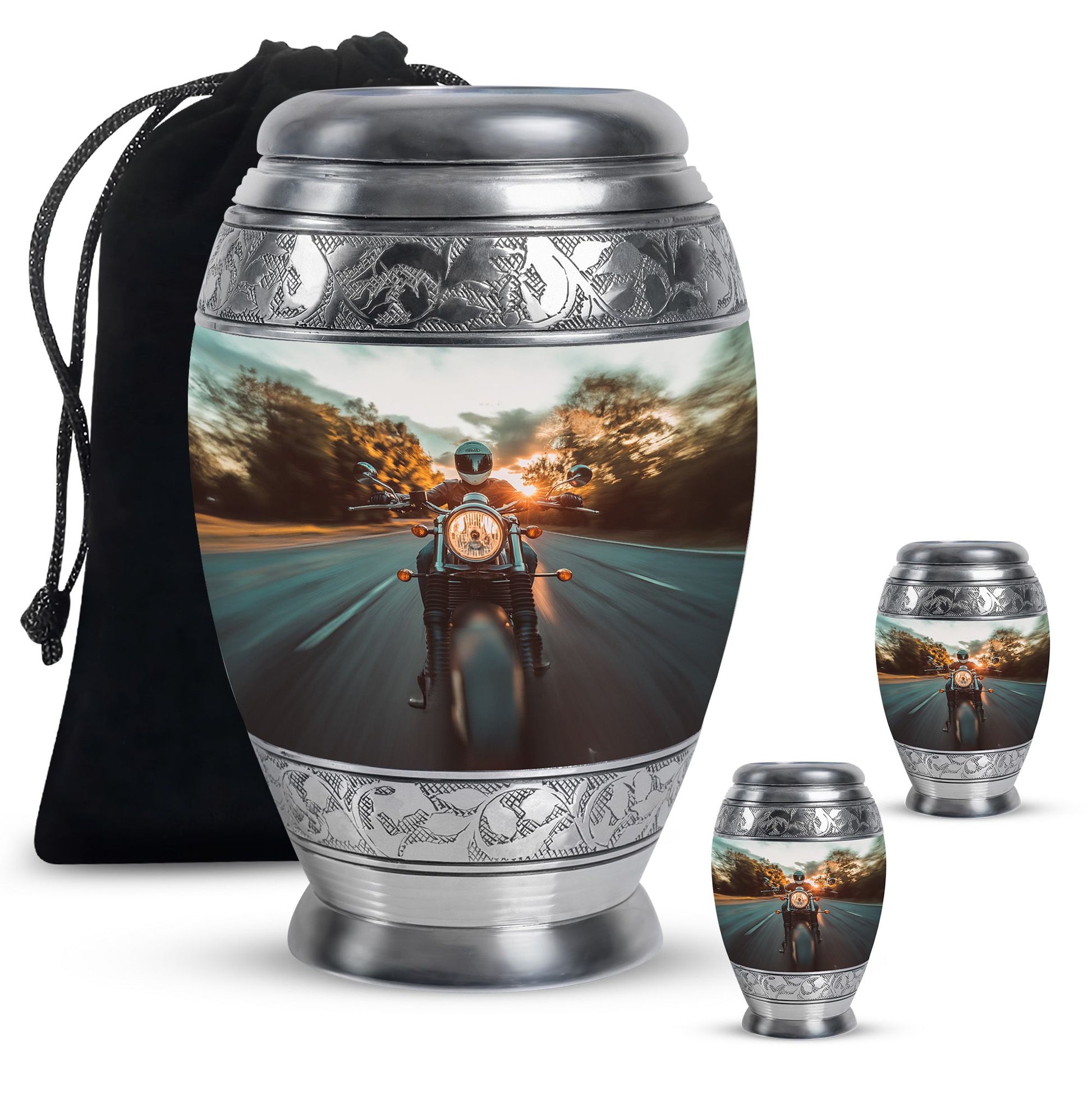 Motorbike Riders Theme Large Urn With 2 Keepsake Urn