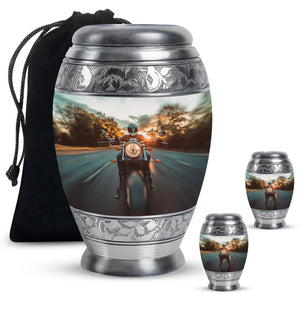 Motorbike Riders Theme Large Urn With 2 Keepsake Urn