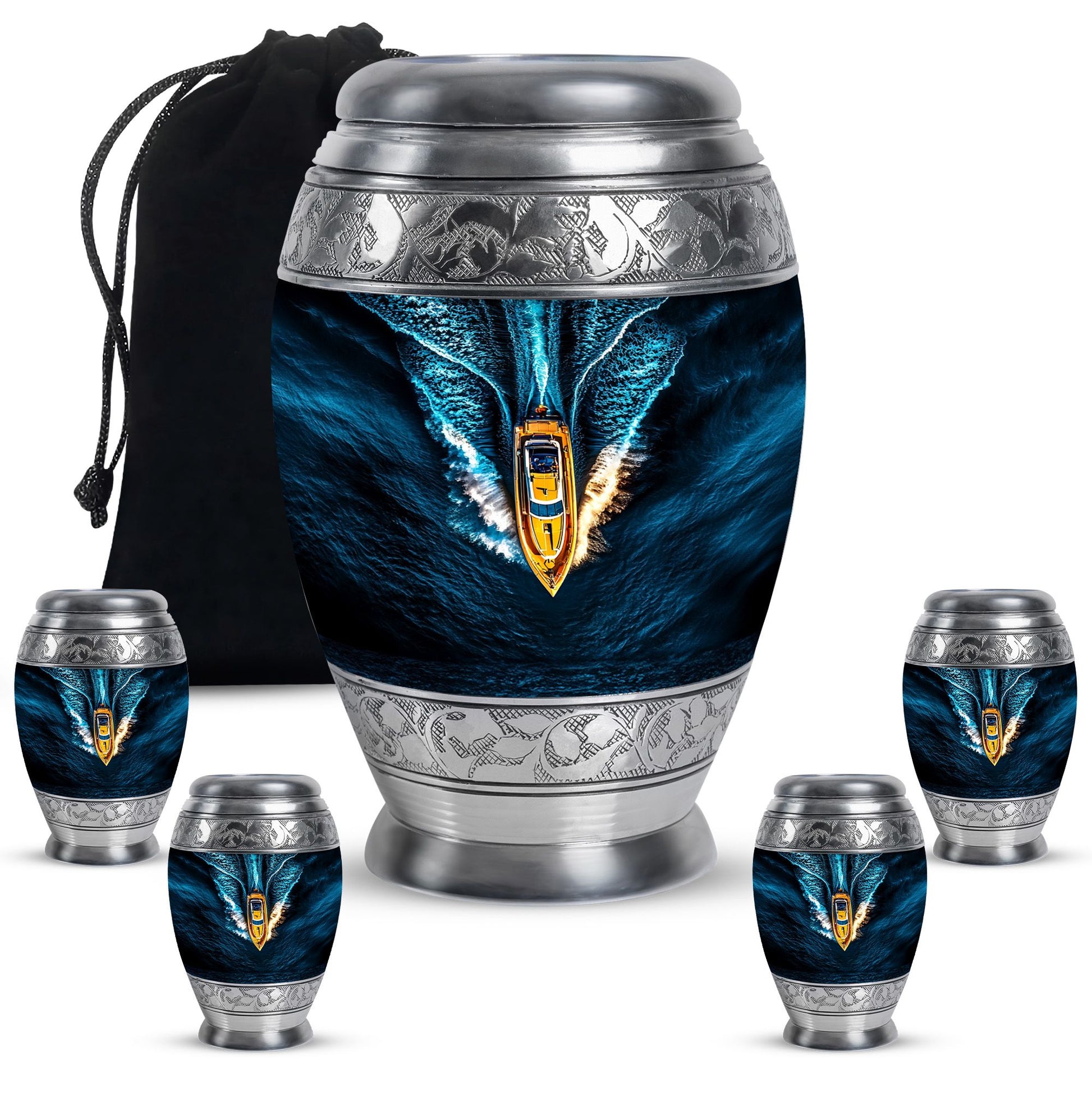 Speed Boat Theme Large Urn With 4 Keepsake Urn
