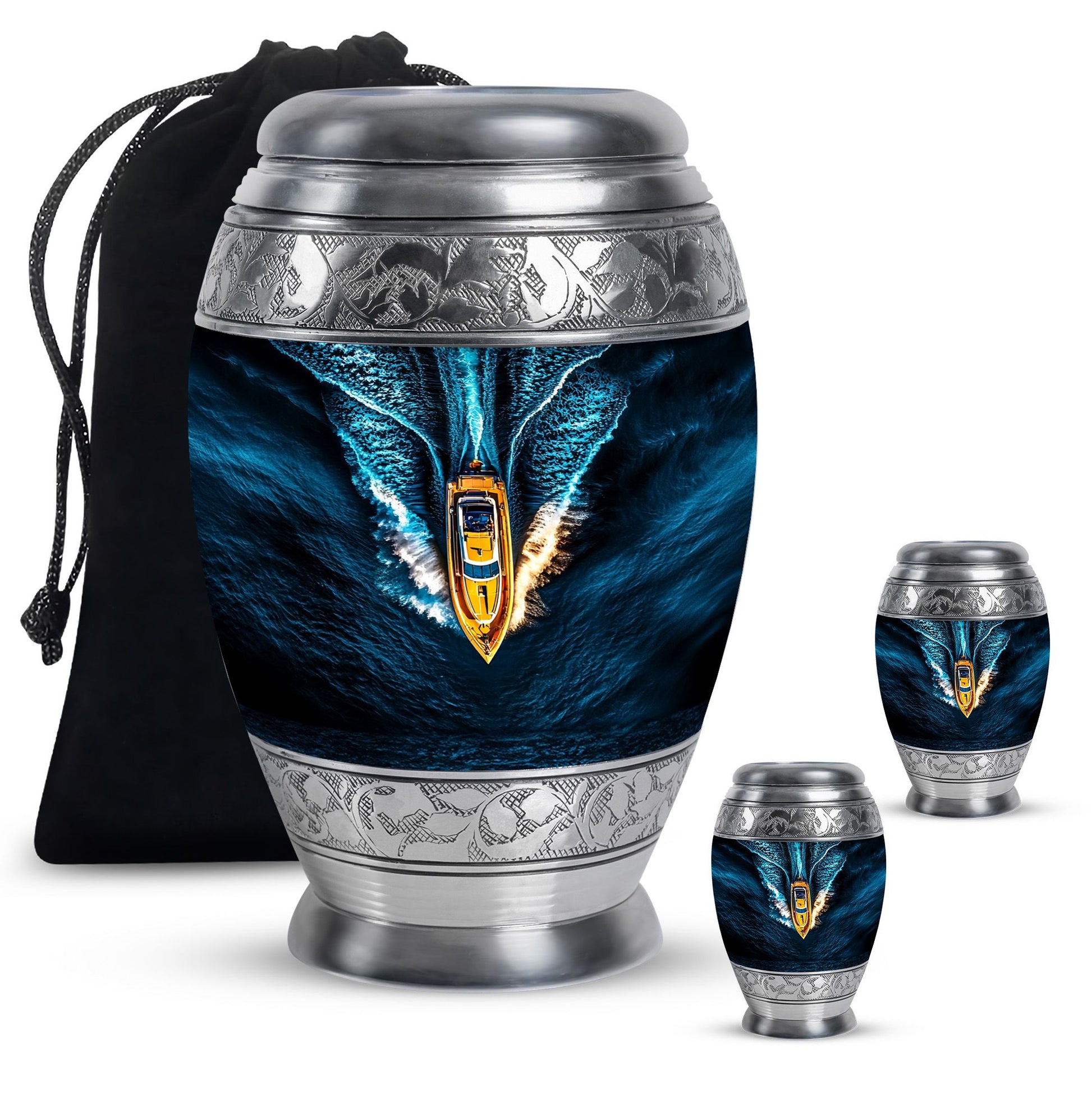 Speed Boat Theme Large Urn With 2 Keepsake Urn
