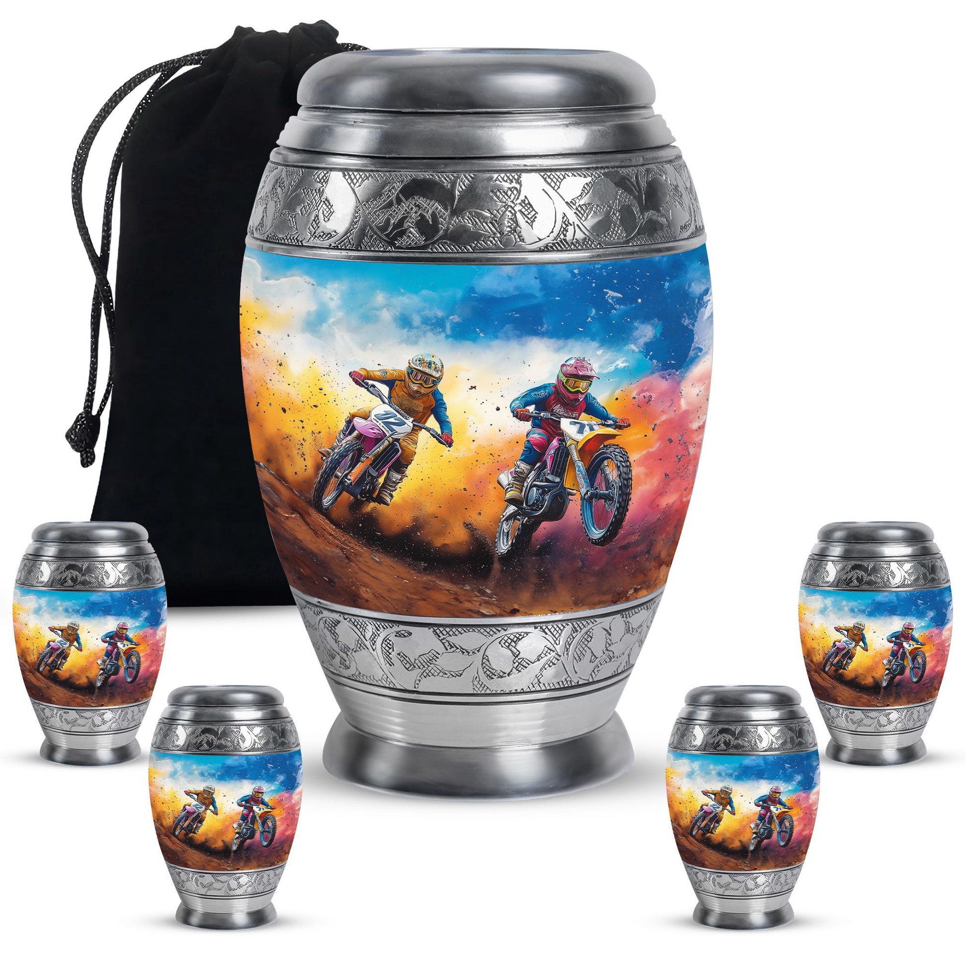 Motorbike Race Theme Large Urn With 4 Keepsake Urn