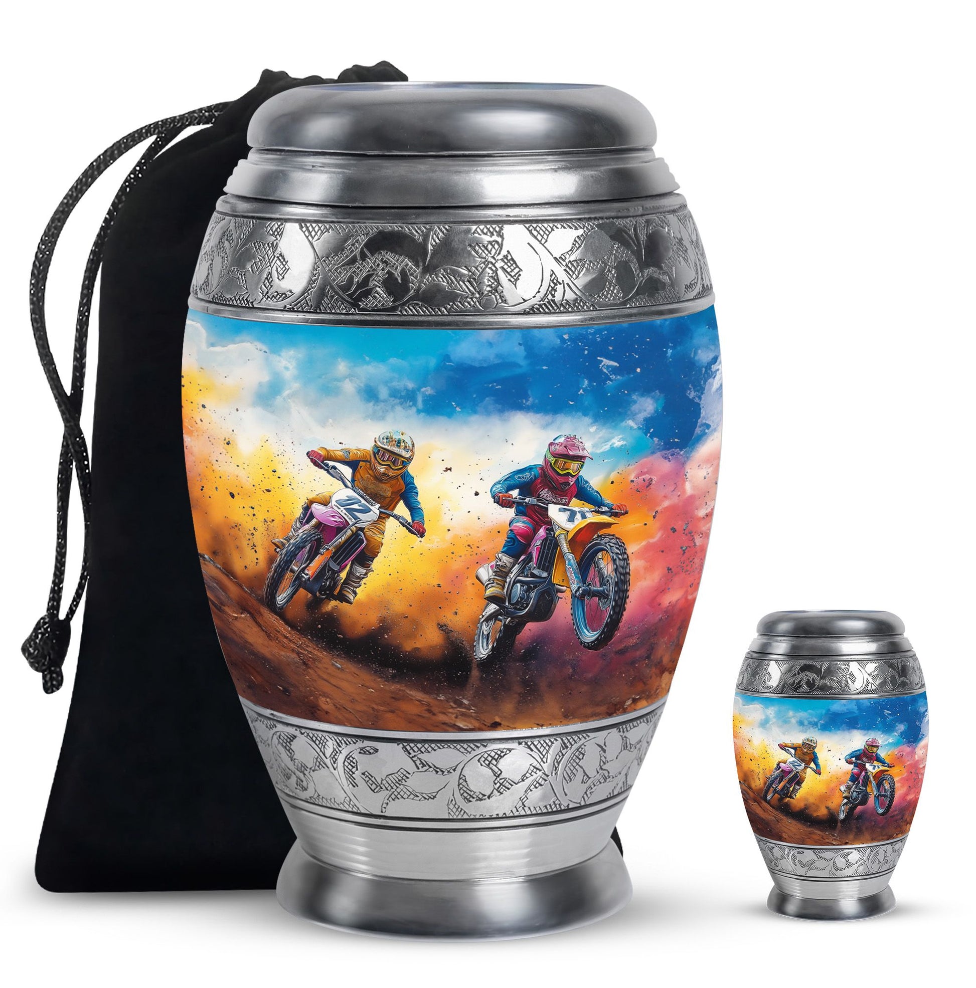 Motorbike Race Theme Large Urn With 1 Keepsake Urn