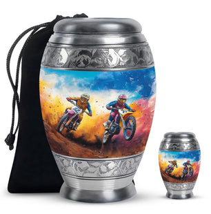 Motorbike Race Theme Large Urn With 1 Keepsake Urn
