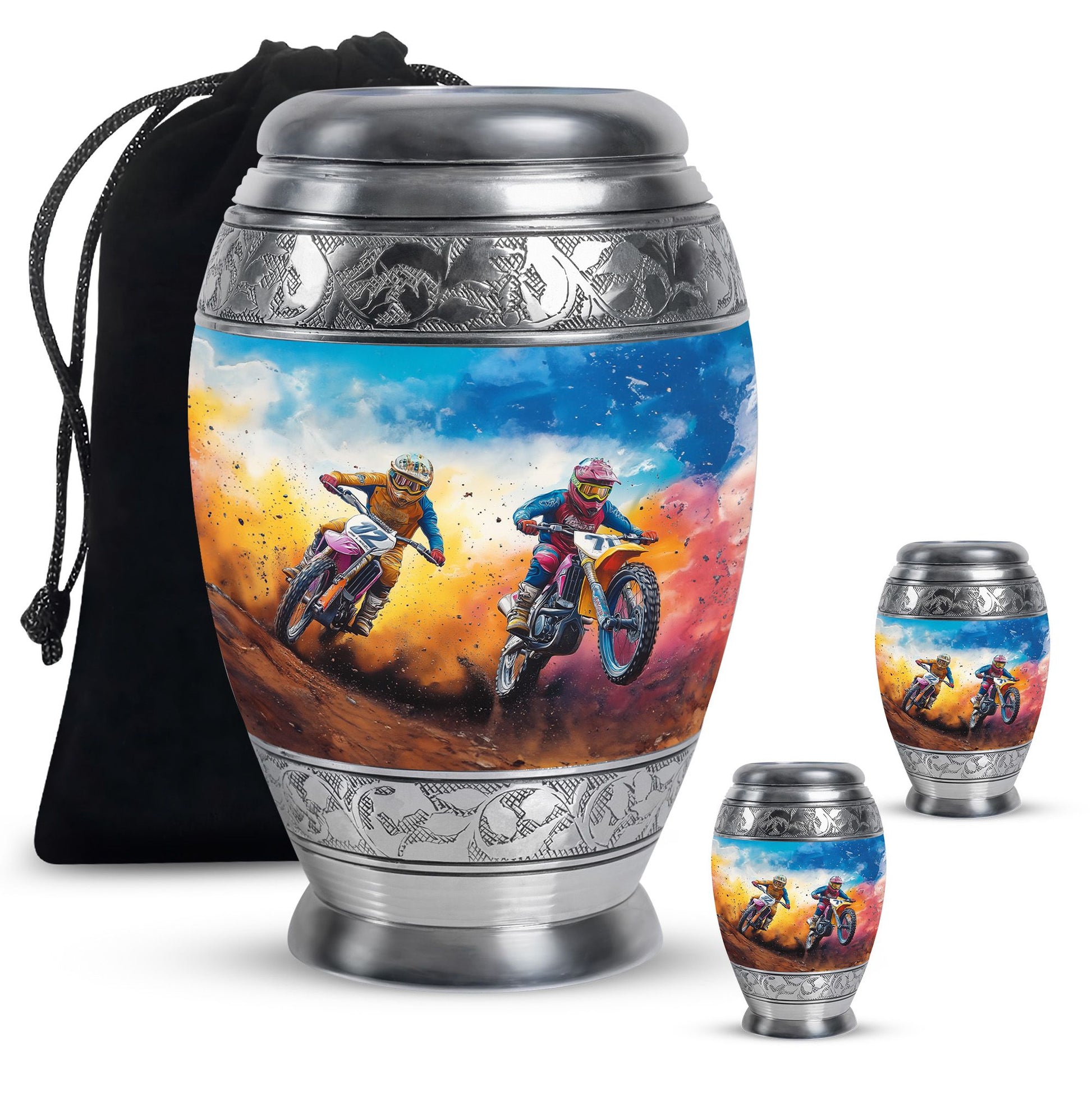Motorbike Race Theme Large Urn With 2 Keepsake Urn