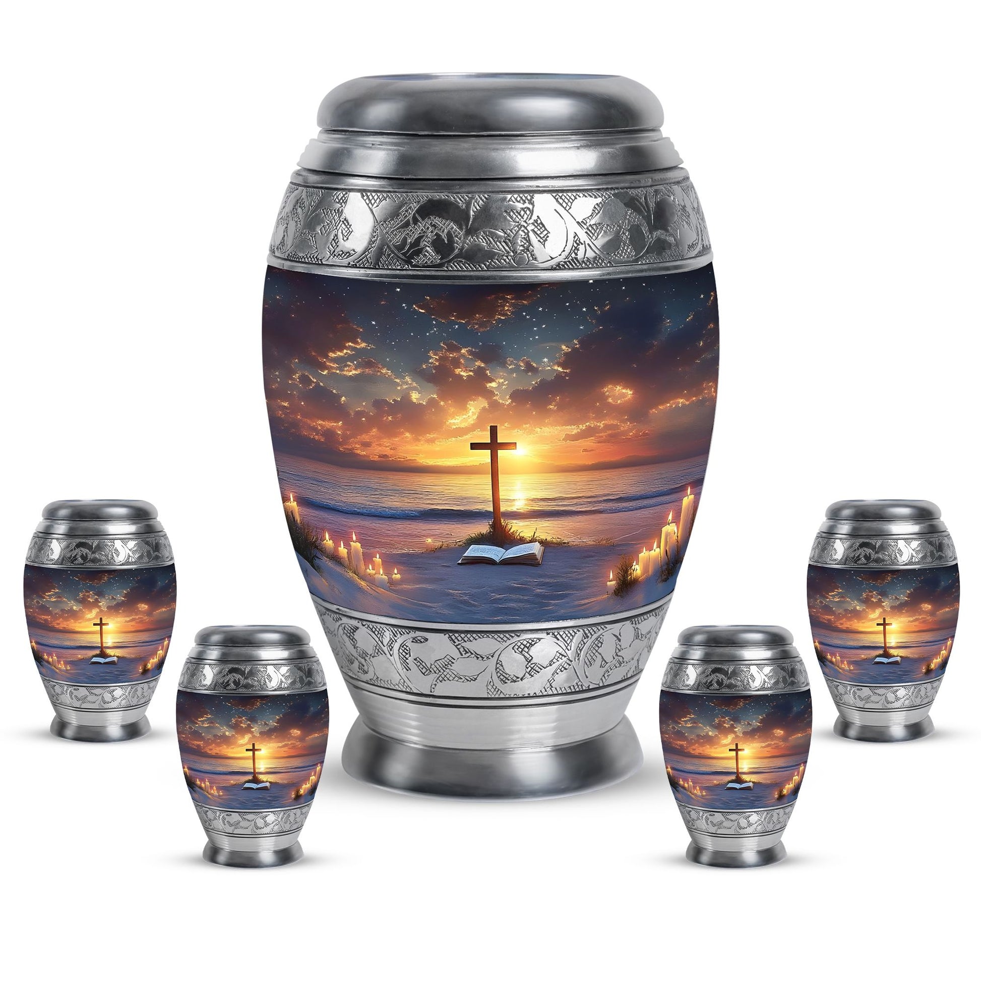 Cross Theme Large Urn With 4 Keepsake Urn