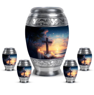Cross Theme Large Urn With 4 Keepsake Urn