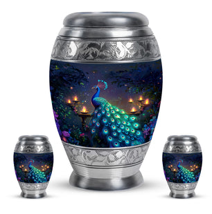 Peacock Theme Large Urn With 2 Keepsake Urn