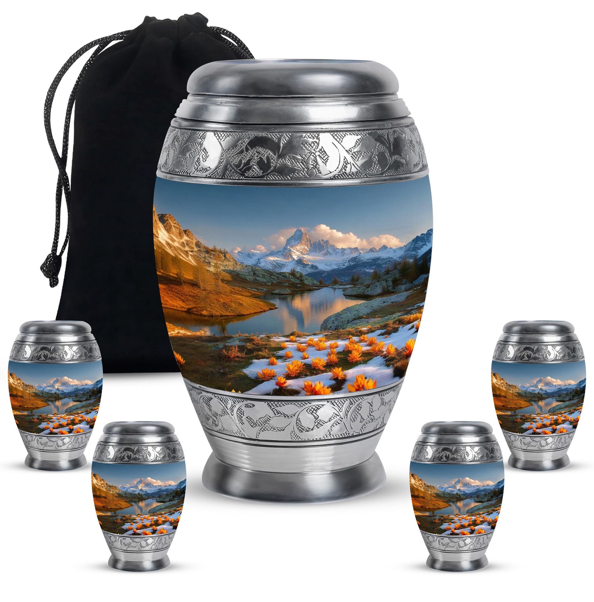 Nature Theme Large Urn With 4 Keepsake Urn
