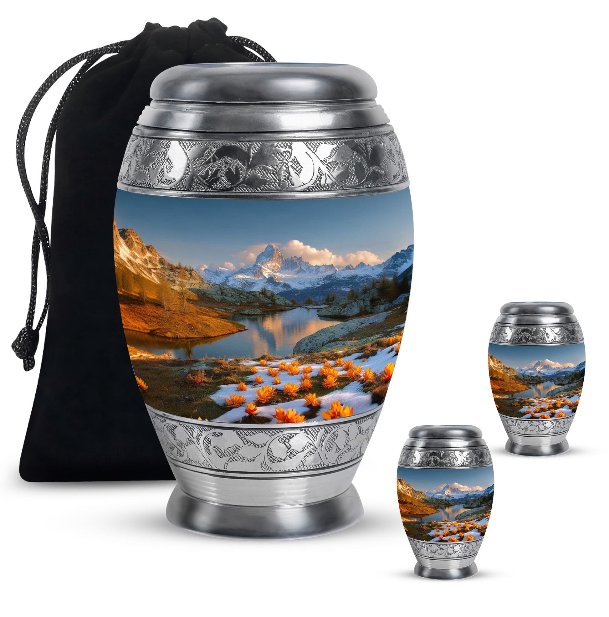 Nature Theme Large Urn With 2 Keepsake Urn