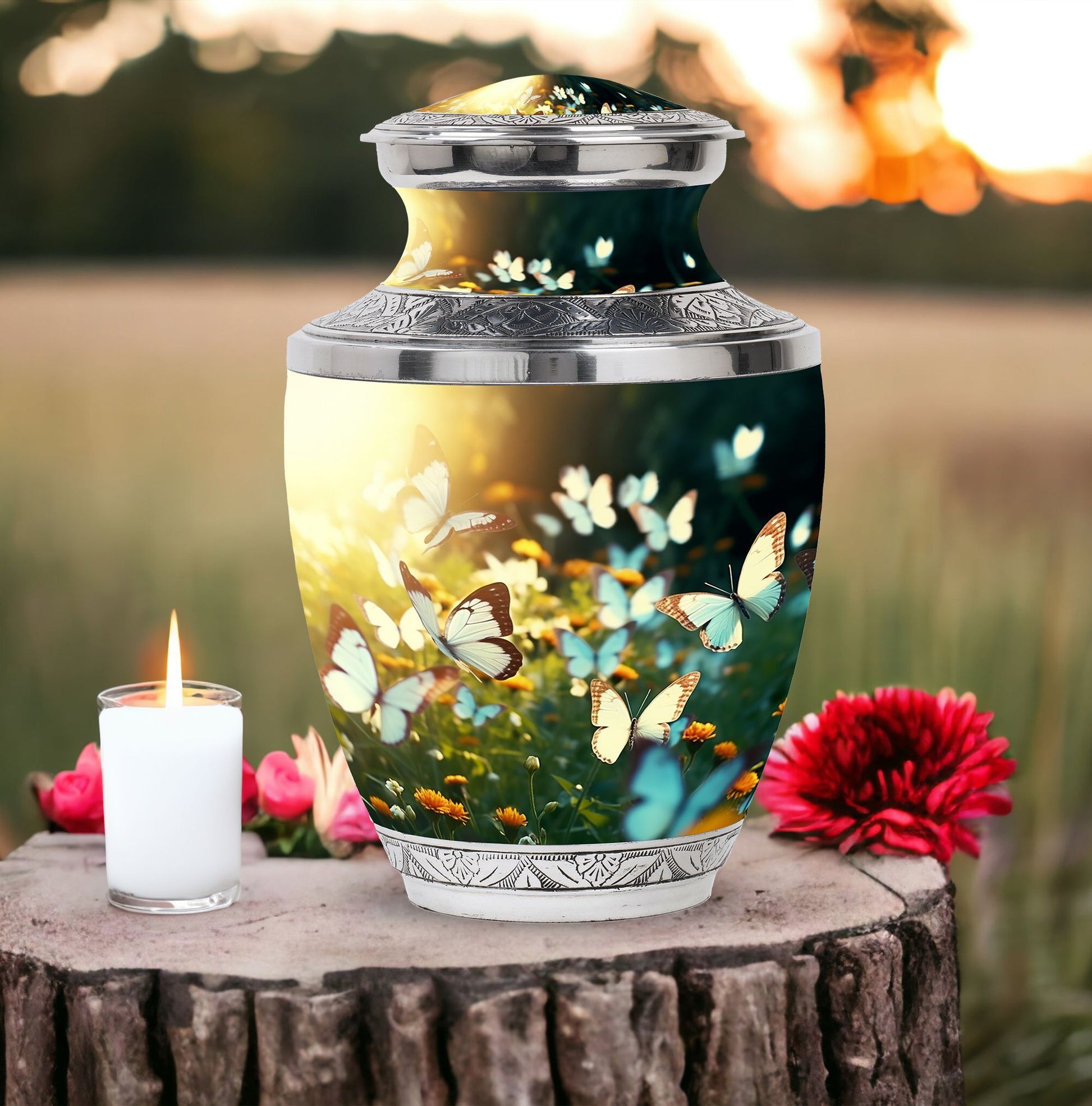 Butterflies Fly In A Meadow Large Teardrop Urn For Ashes