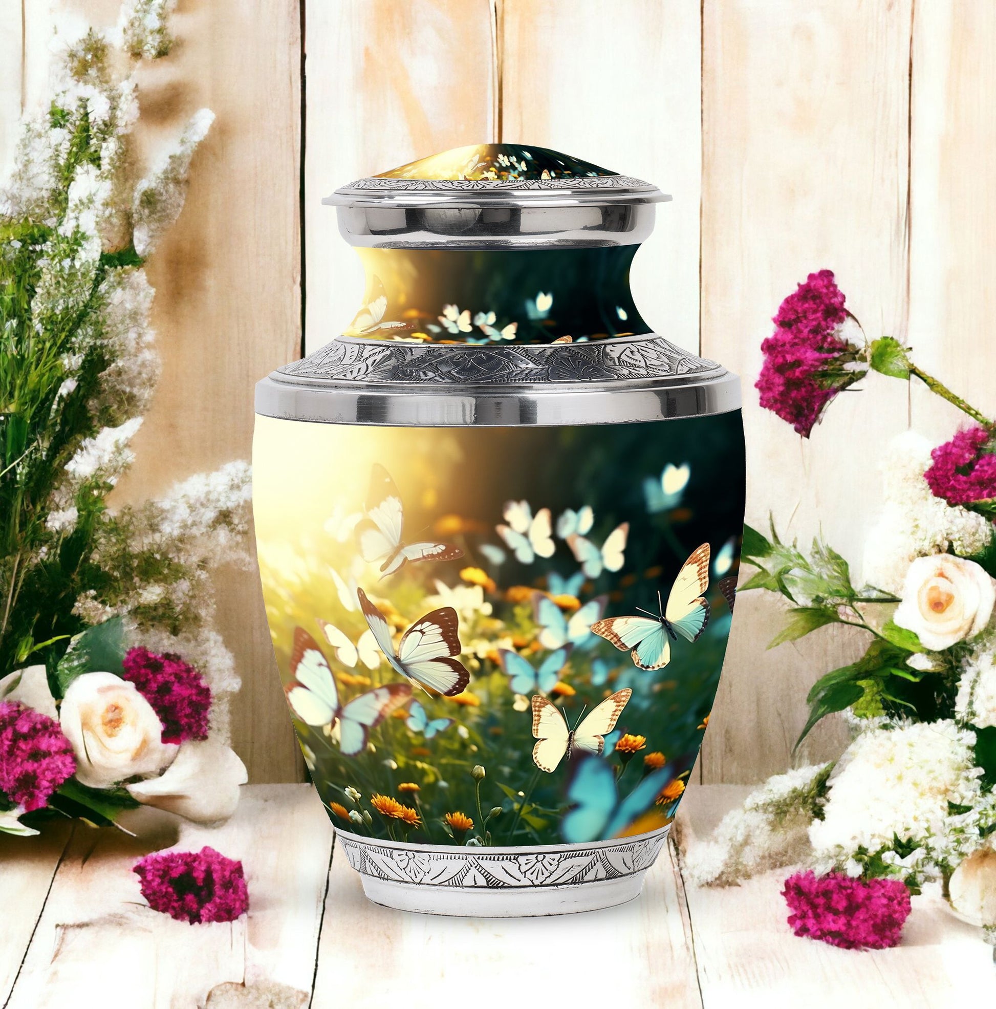 Butterflies Fly In A Meadow Large Teardrop Urn For Ashes
