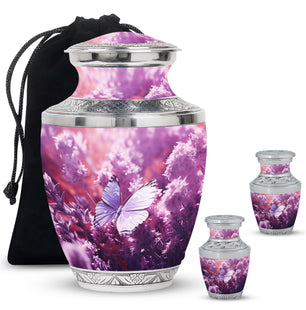 Purple Butterflies Fly On Purple Meadow Large Teardrop Urn For Ashes