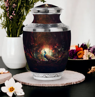Peacock In A Red Forest - Peacock Urn Teardrop Cremation Urn