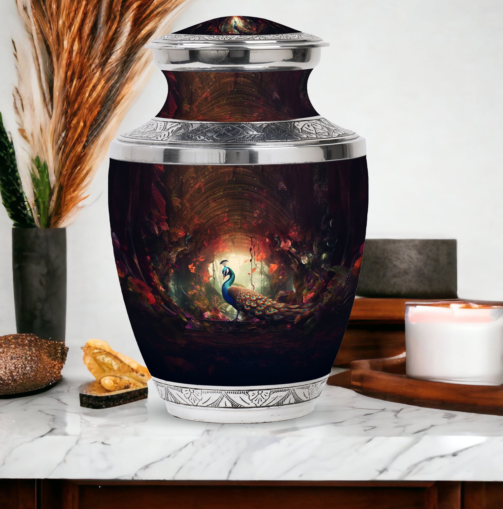 Peacock In A Red Forest - Peacock Urn Teardrop Cremation Urn