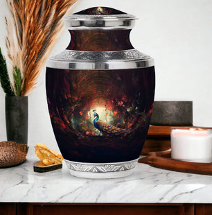 Peacock In A Red Forest - Peacock Urn Teardrop Cremation Urn