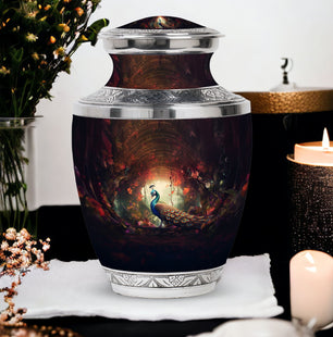 Peacock In A Red Forest - Peacock Urn Teardrop Cremation Urn