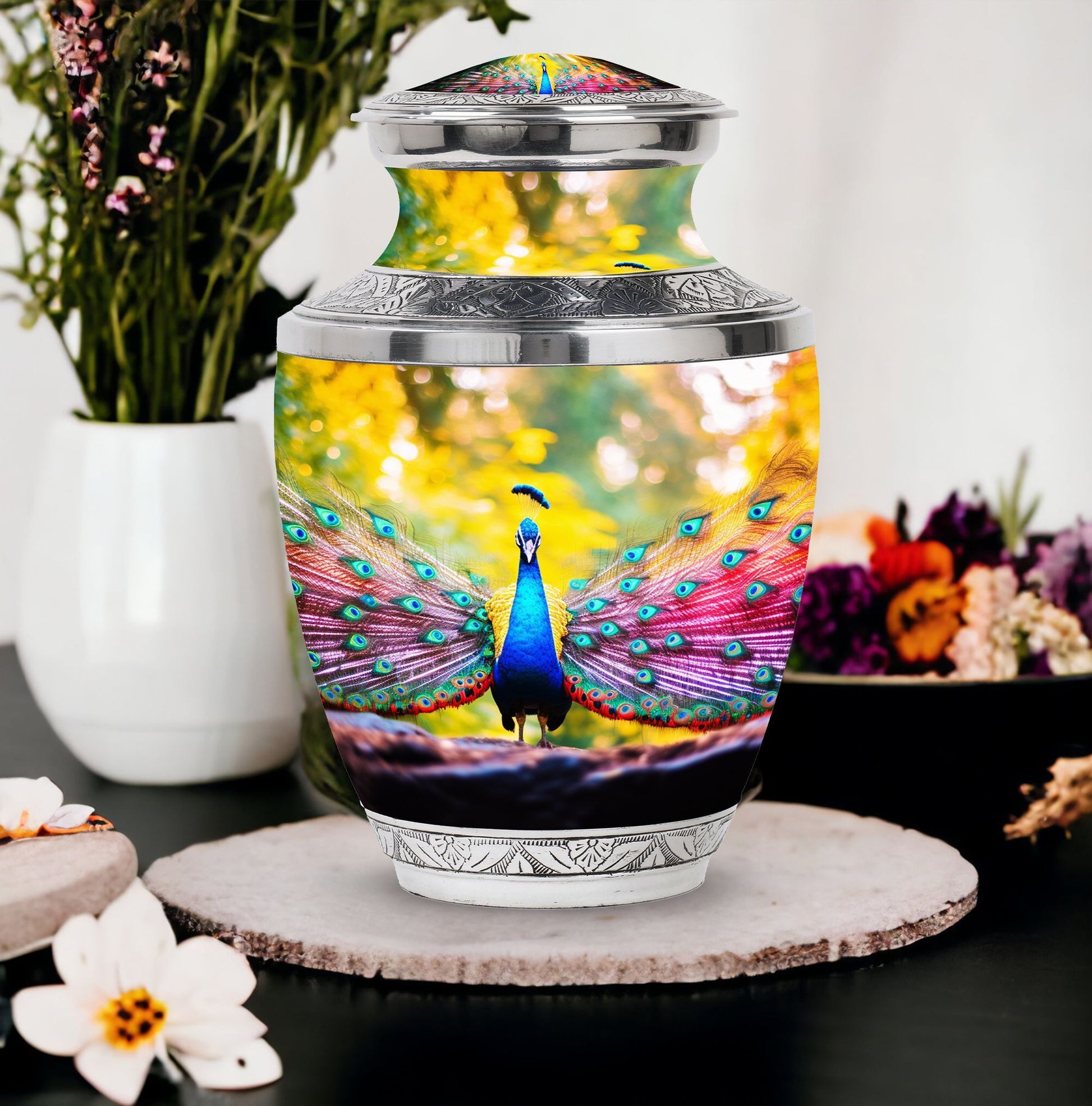 Peacock Feathers In Garden - Peacock Urn Teardrop Shaped Urn For Ashes