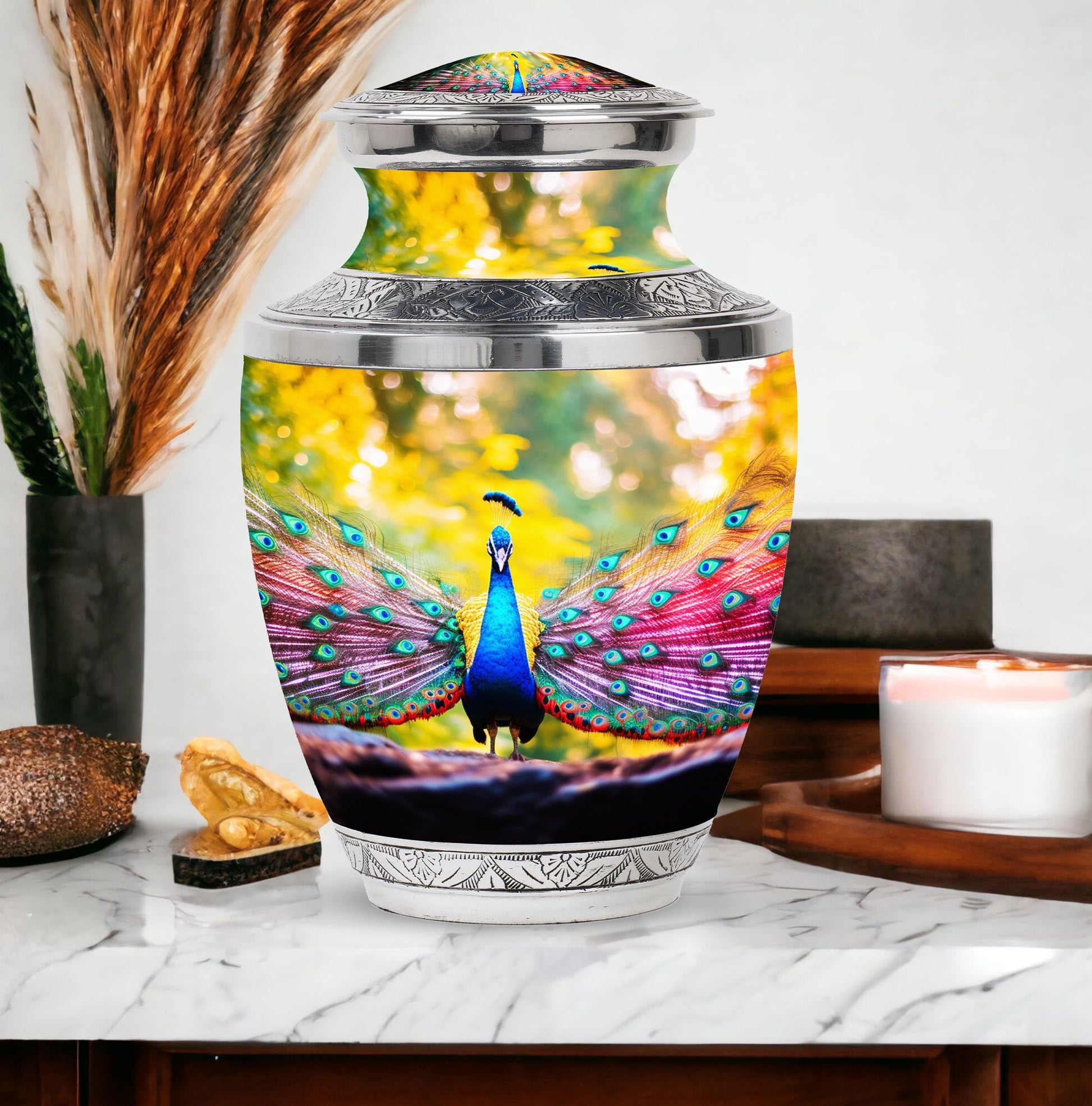 Peacock Feathers In Garden - Peacock Urn Teardrop Shaped Urn For Ashes