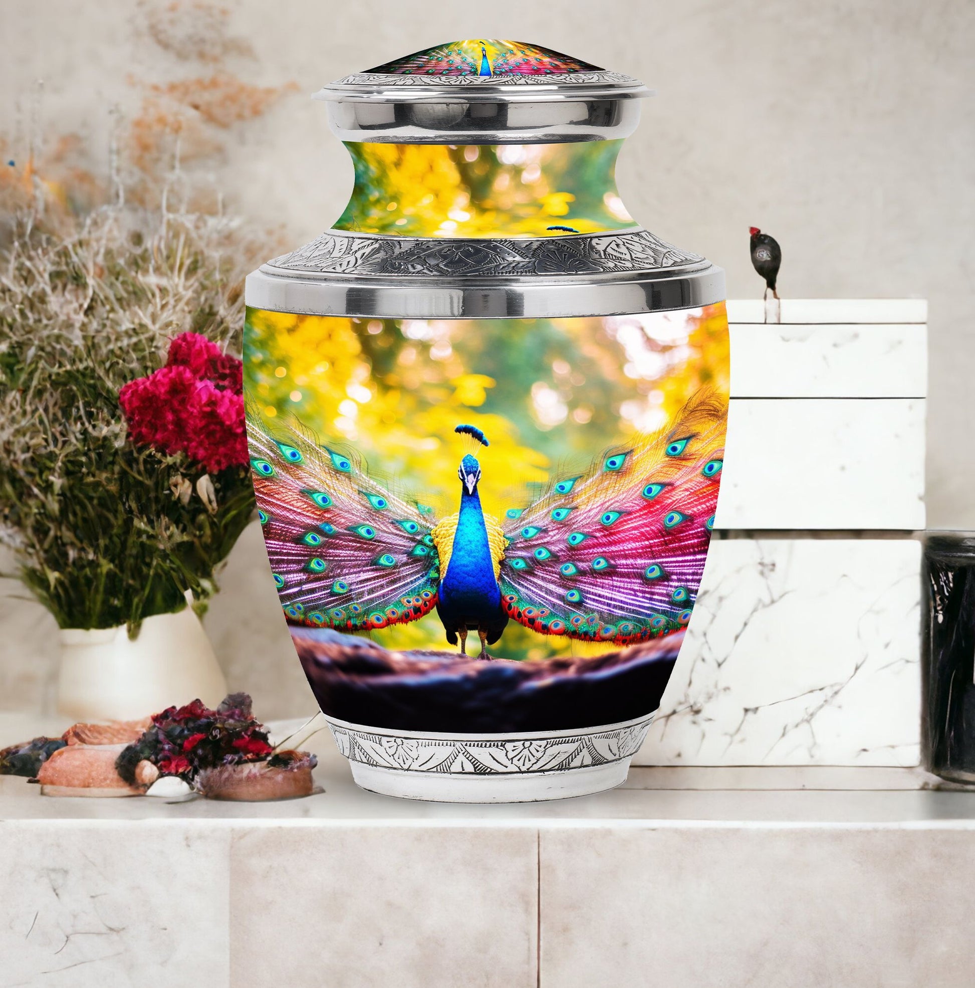 Peacock Feathers In Garden - Peacock Urn Teardrop Shaped Urn For Ashes