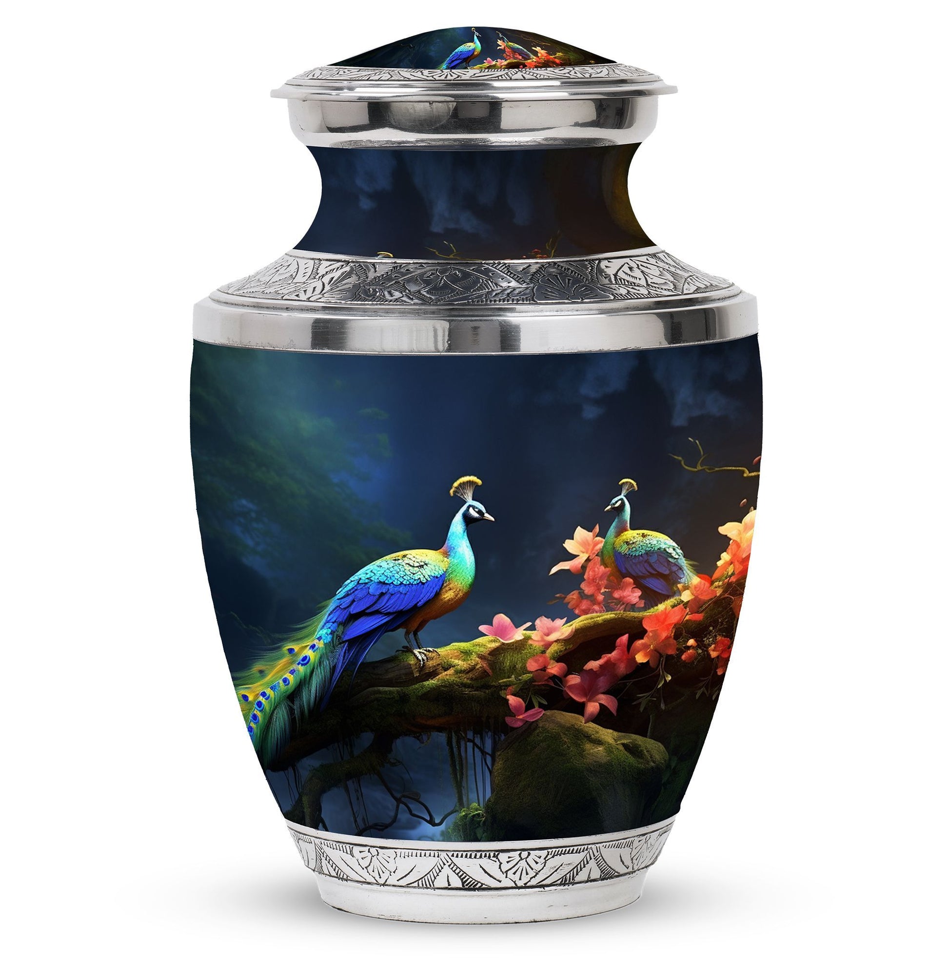 Peacock Due Face Off In Forest - Peacock Urn Teardrop Cremation Urn