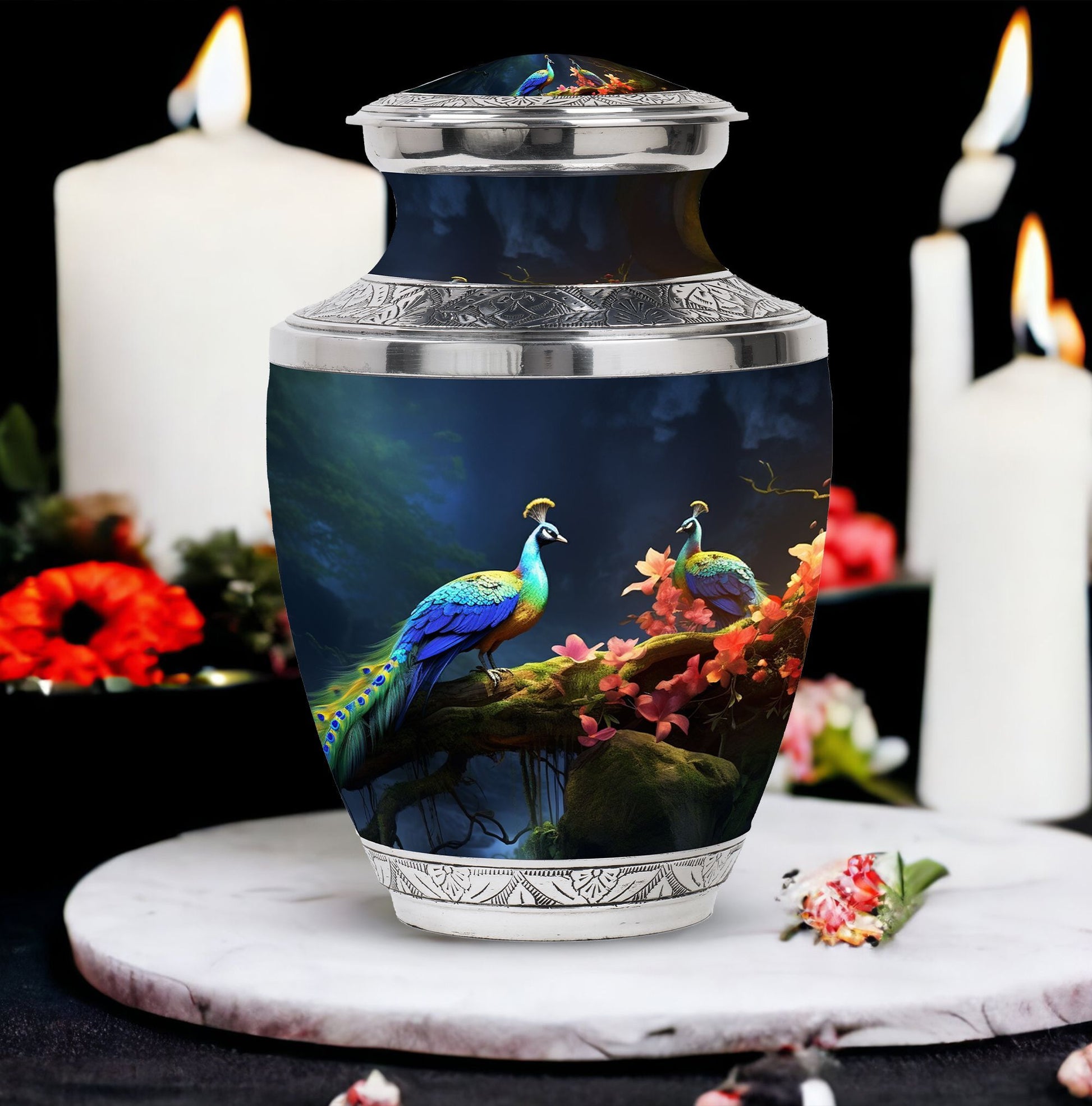 Peacock Due Face Off In Forest - Peacock Urn Teardrop Cremation Urn