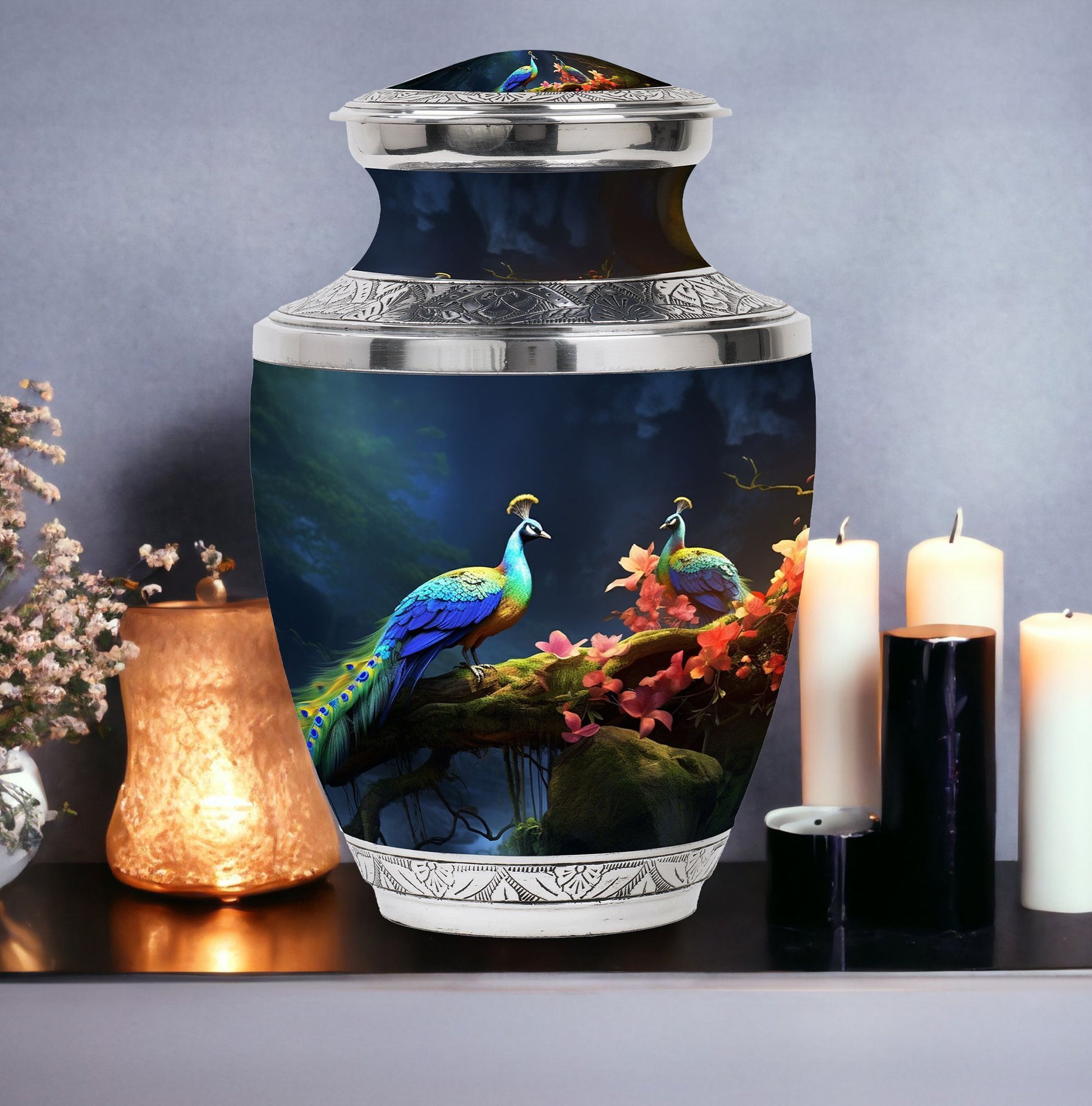 Peacock Due Face Off In Forest - Peacock Urn Teardrop Cremation Urn