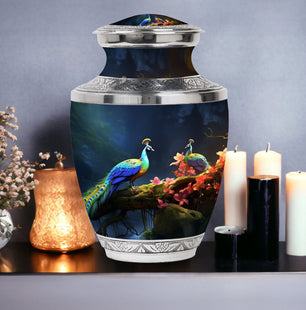 Peacock Due Face Off In Forest - Peacock Urn Teardrop Cremation Urn