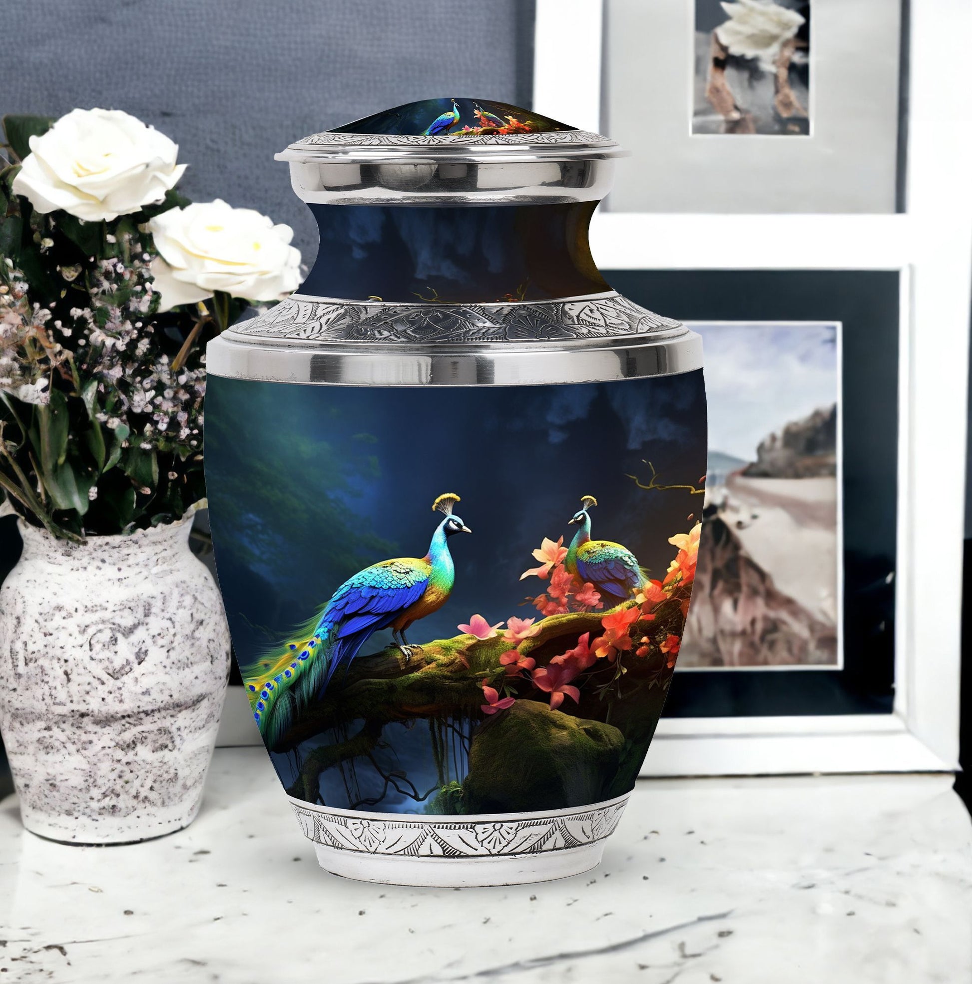 Peacock Due Face Off In Forest - Peacock Urn Teardrop Cremation Urn