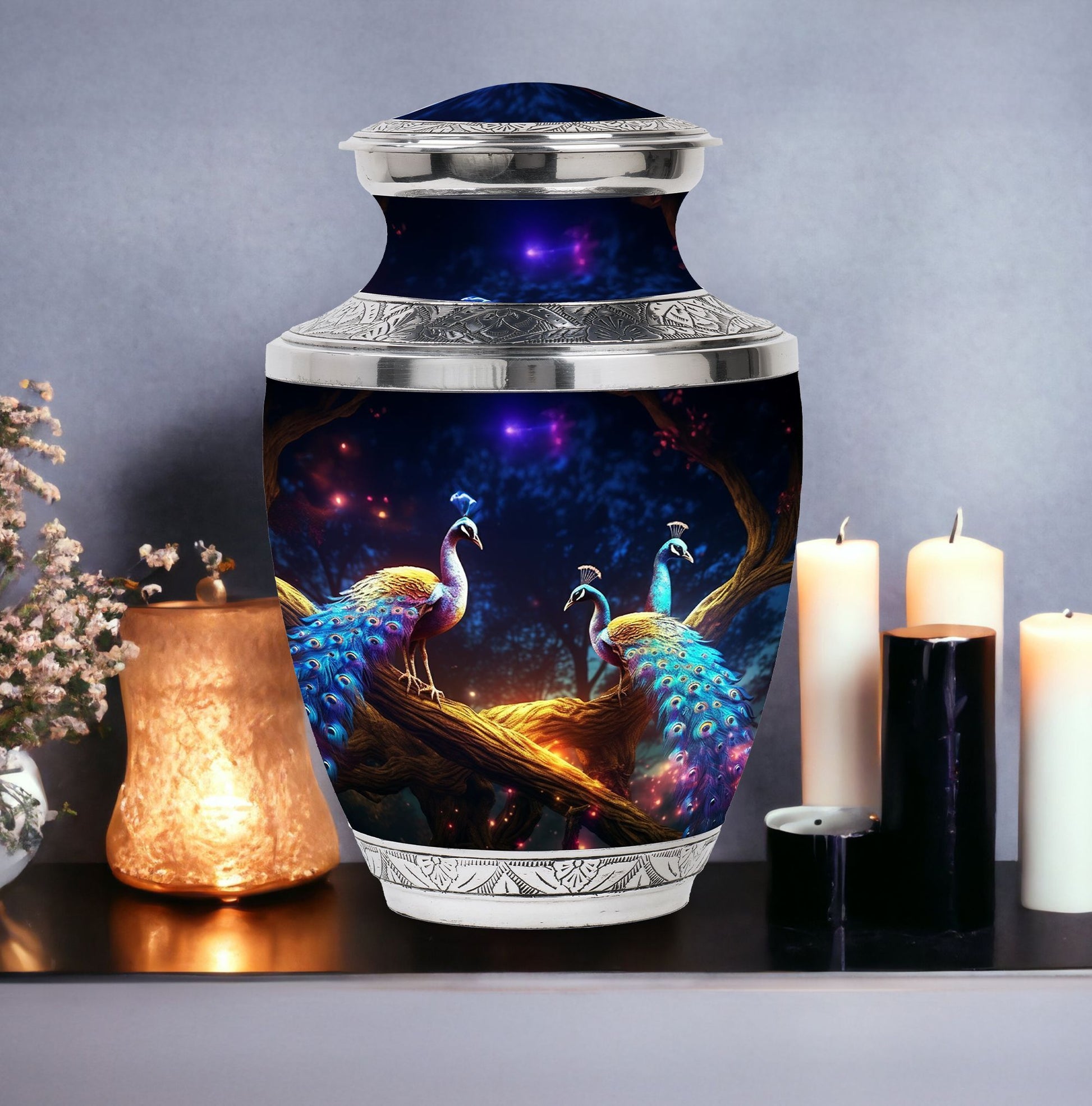 Peacock Due Face Off - Peacock Urn Teardrop Shaped Urns For Ashes