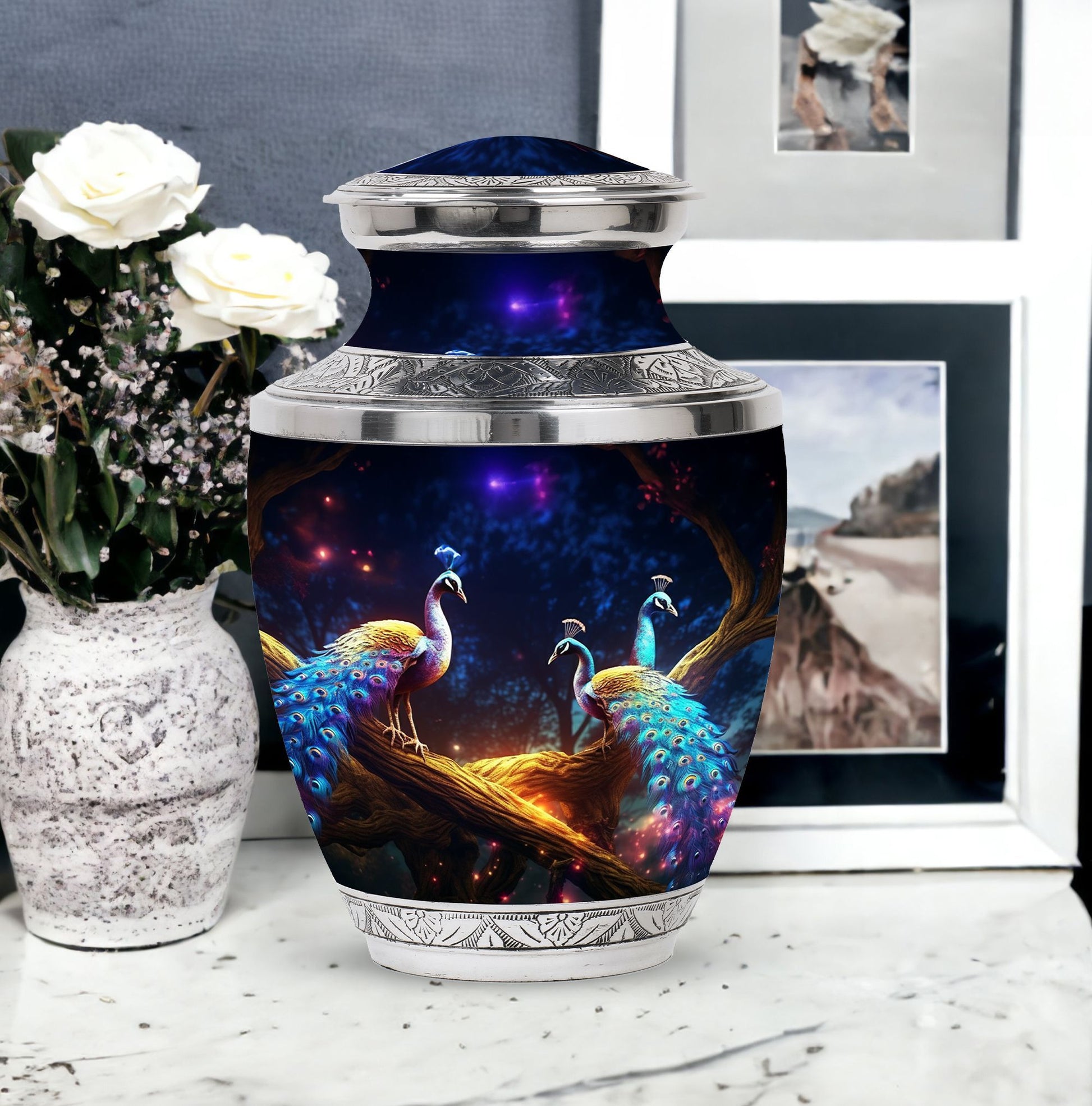Peacock Due Face Off - Peacock Urn Teardrop Shaped Urns For Ashes