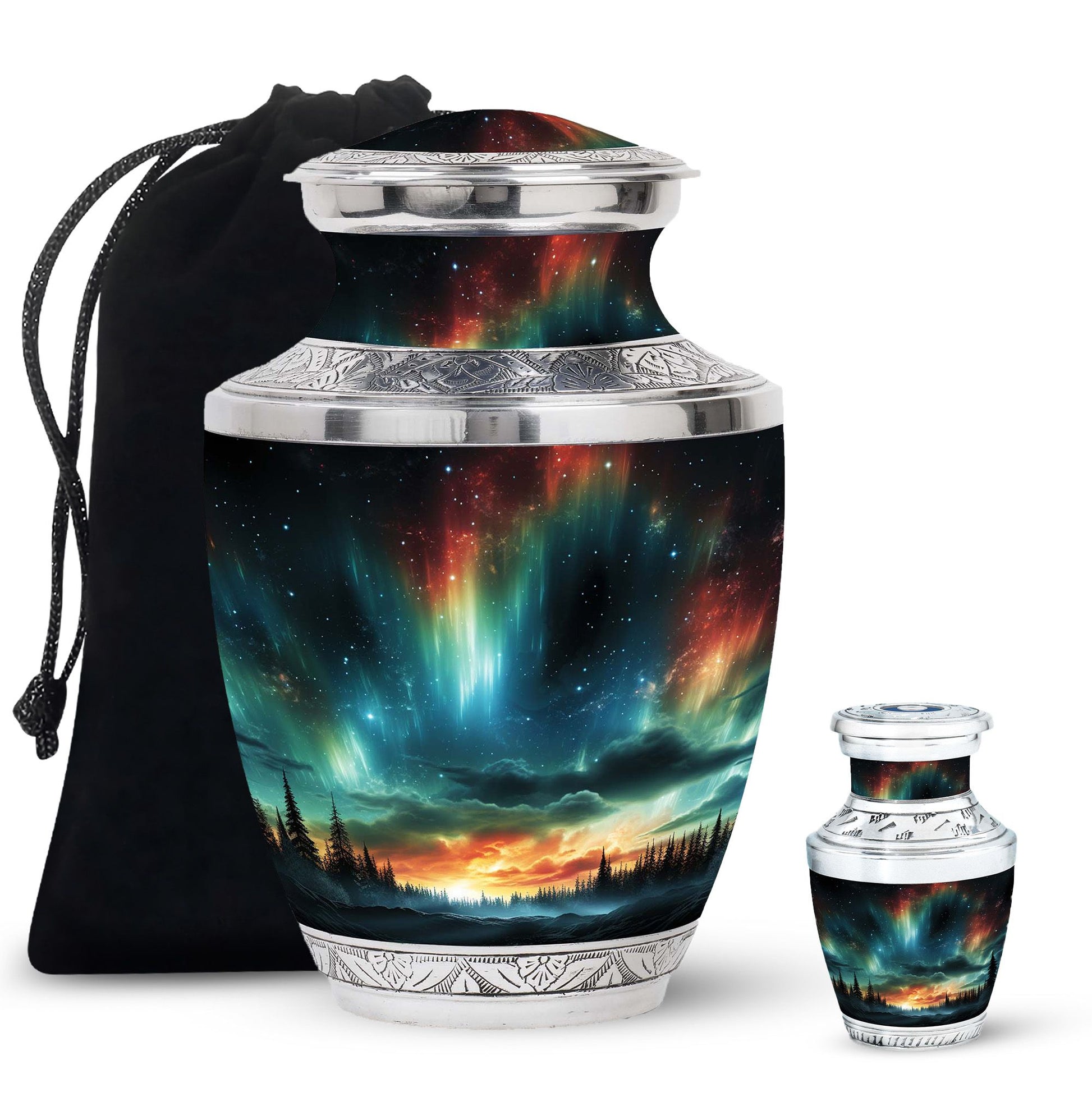 The Forest's Luminous Veil - Northern Lights Teardrop, Heart Shape Urn