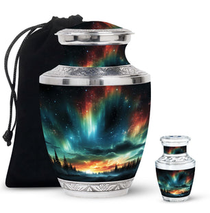 The Forest's Luminous Veil - Northern Lights Teardrop, Heart Shape Urn
