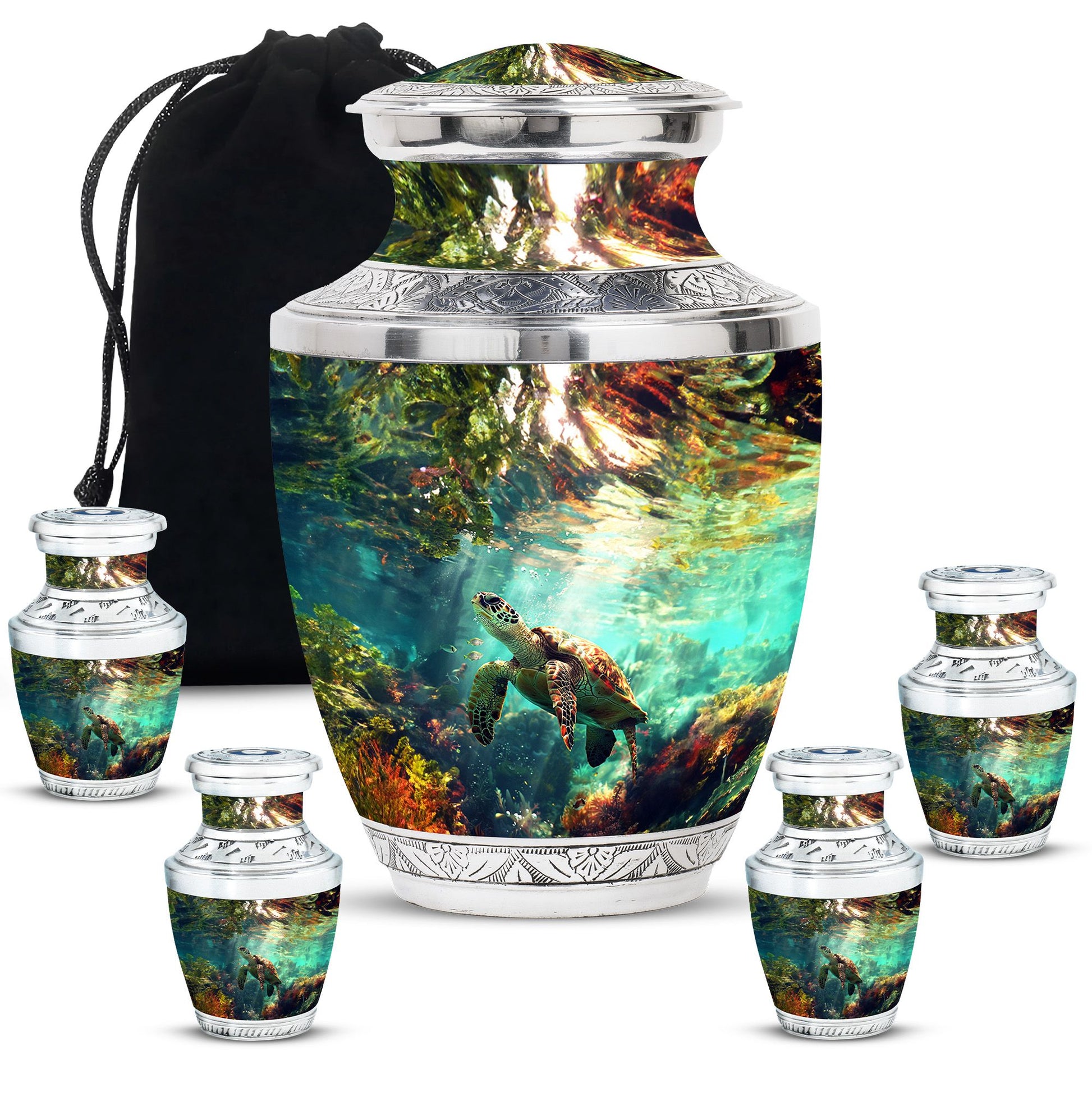Tortoise Theme Large Urn With 4 Keepsake Urn