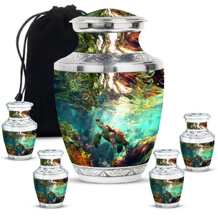 Tortoise Theme Large Urn With 4 Keepsake Urn