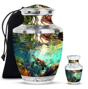Tortoise Theme Large Urn With 1 Keepsake Urn