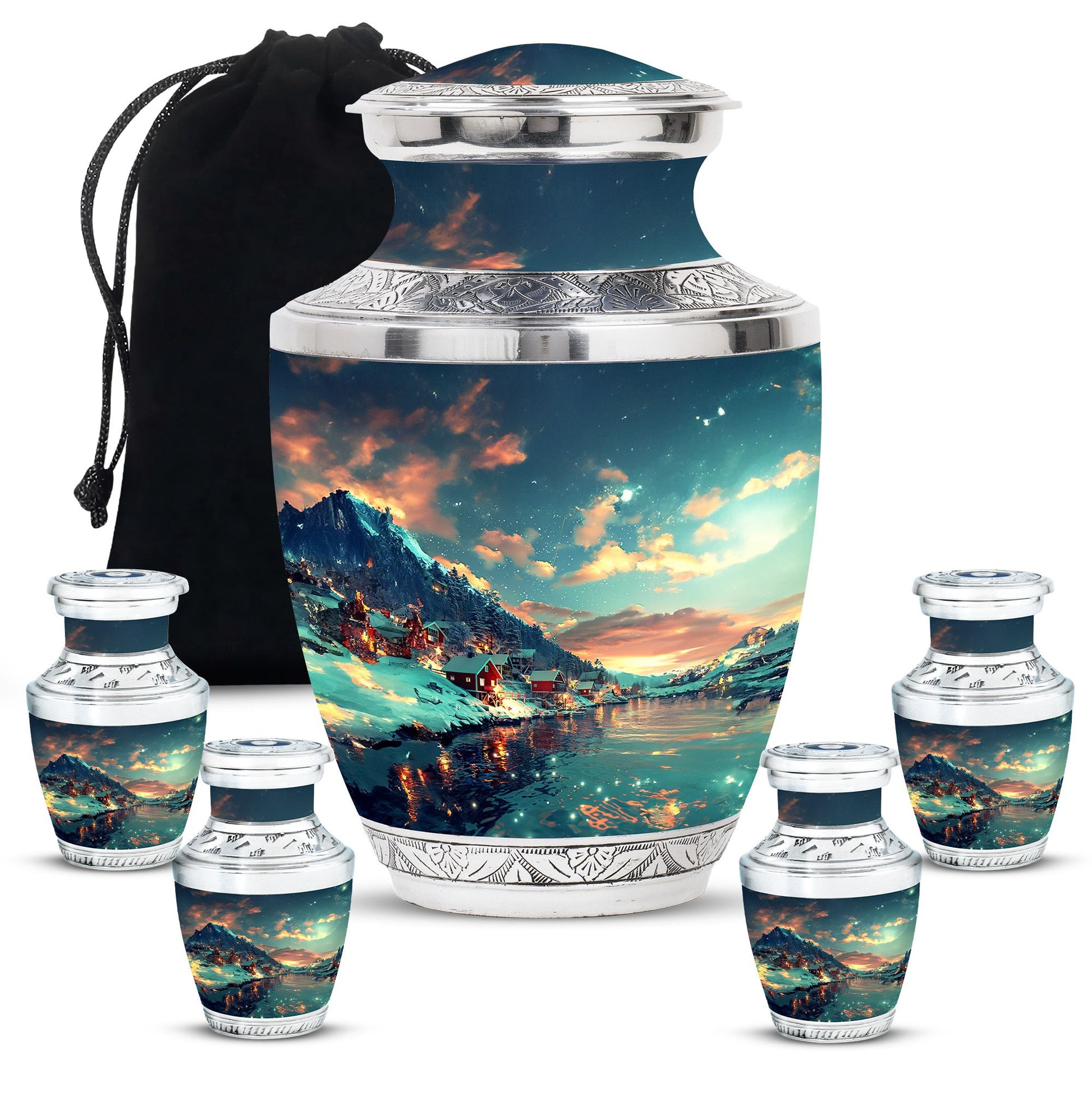 Majestic Sky Theme Large Urn With 4 Keepsake Urn