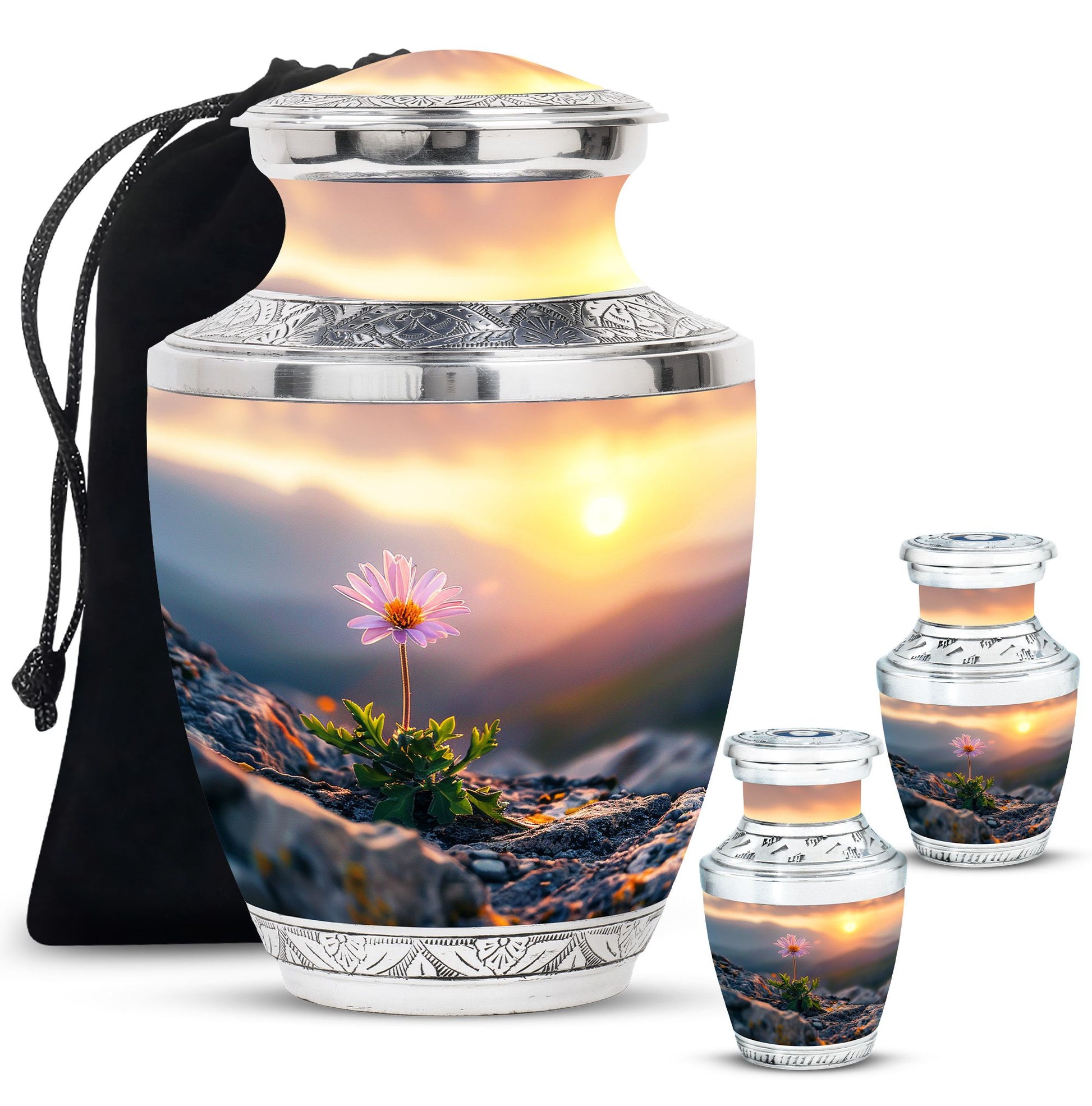 Flower Theme Large Urn With 2 Keepsake Urn