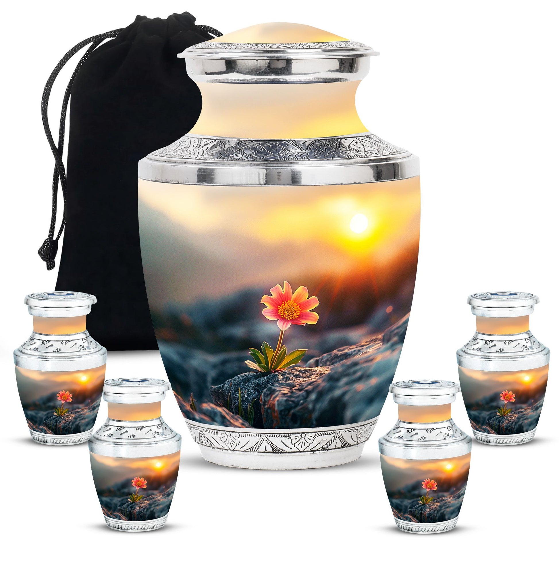Flower Theme Large Urn With 4 Keepsake Urn