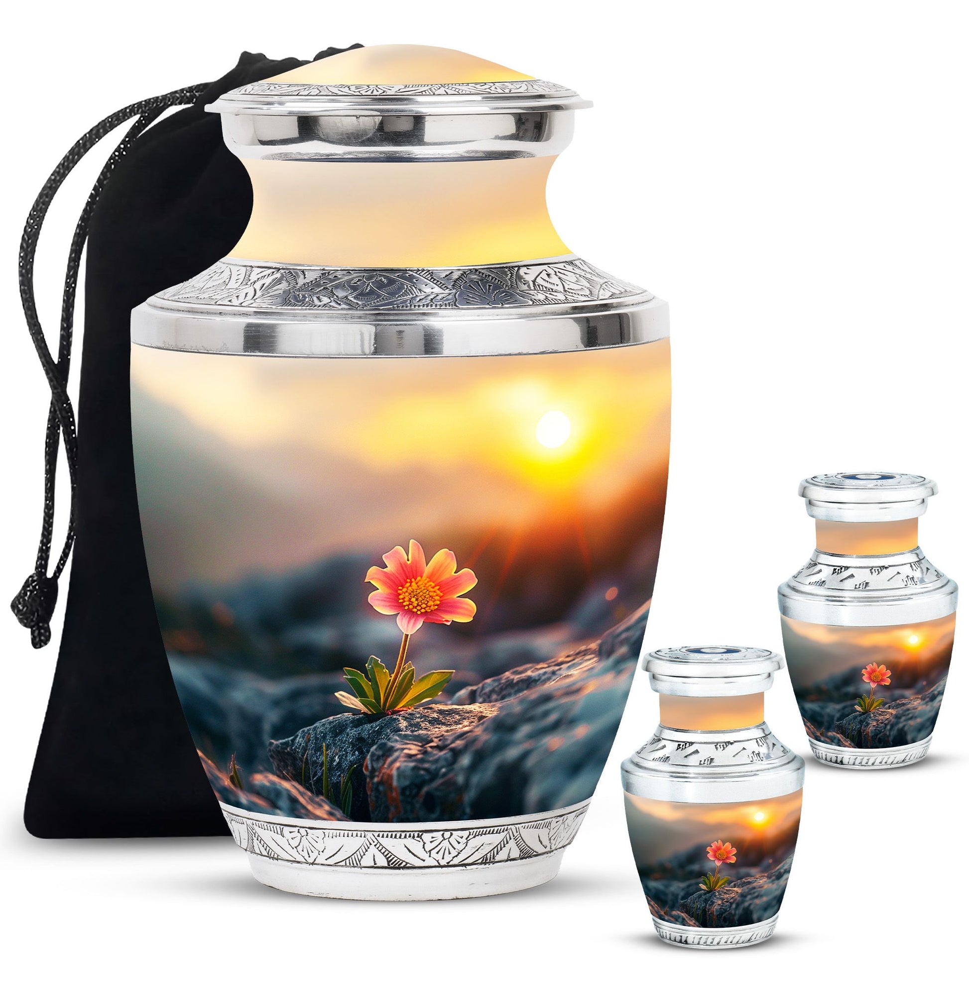 Flower Theme Large Urn With 2 Keepsake Urn