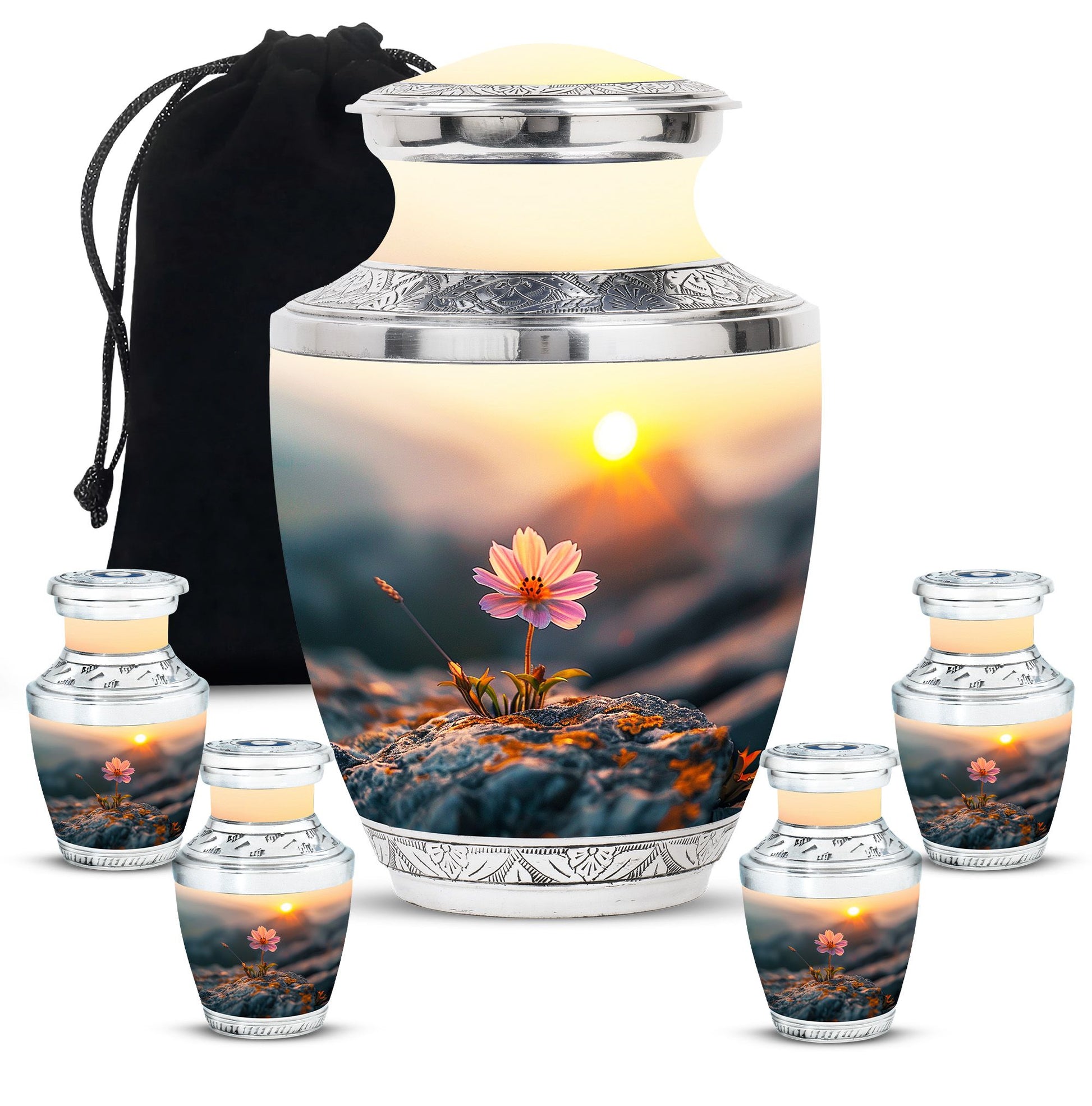 Flower Theme Large Urn With 4 Keepsake Urn