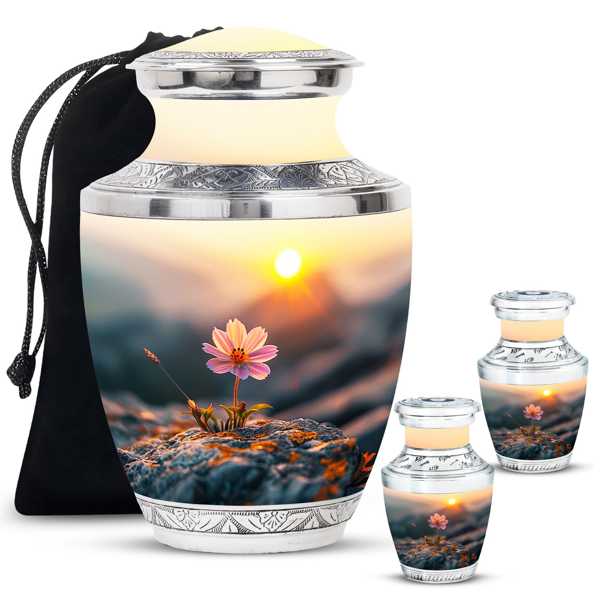 Flower Theme Large Urn With 2 Keepsake Urn