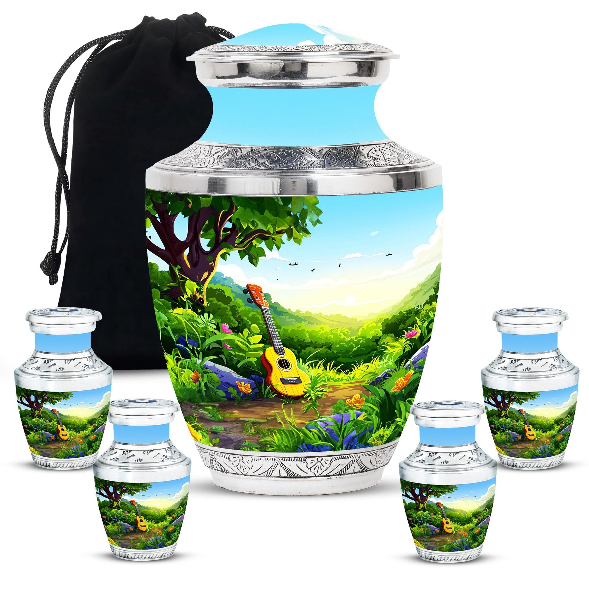 Guitar Theme Large Urn With 4 Keepsake Urn