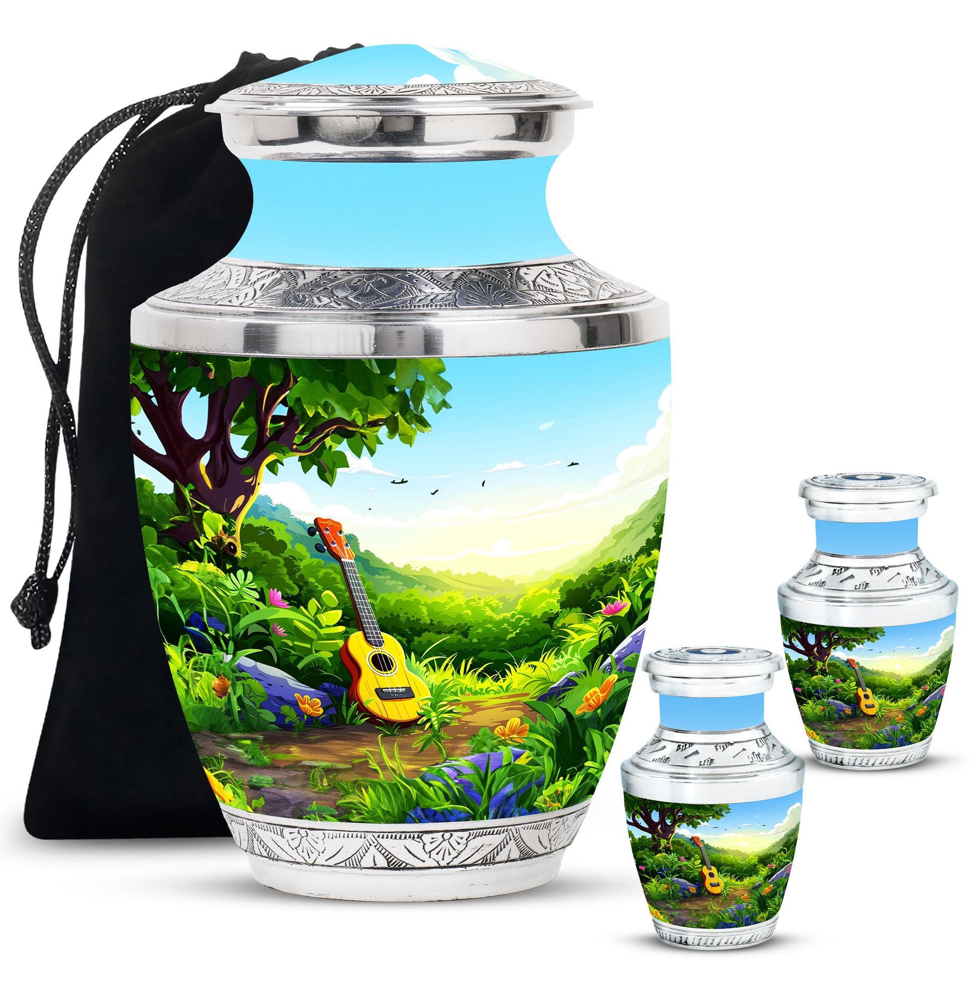 Guitar Theme Large Urn With 2 Keepsake Urn