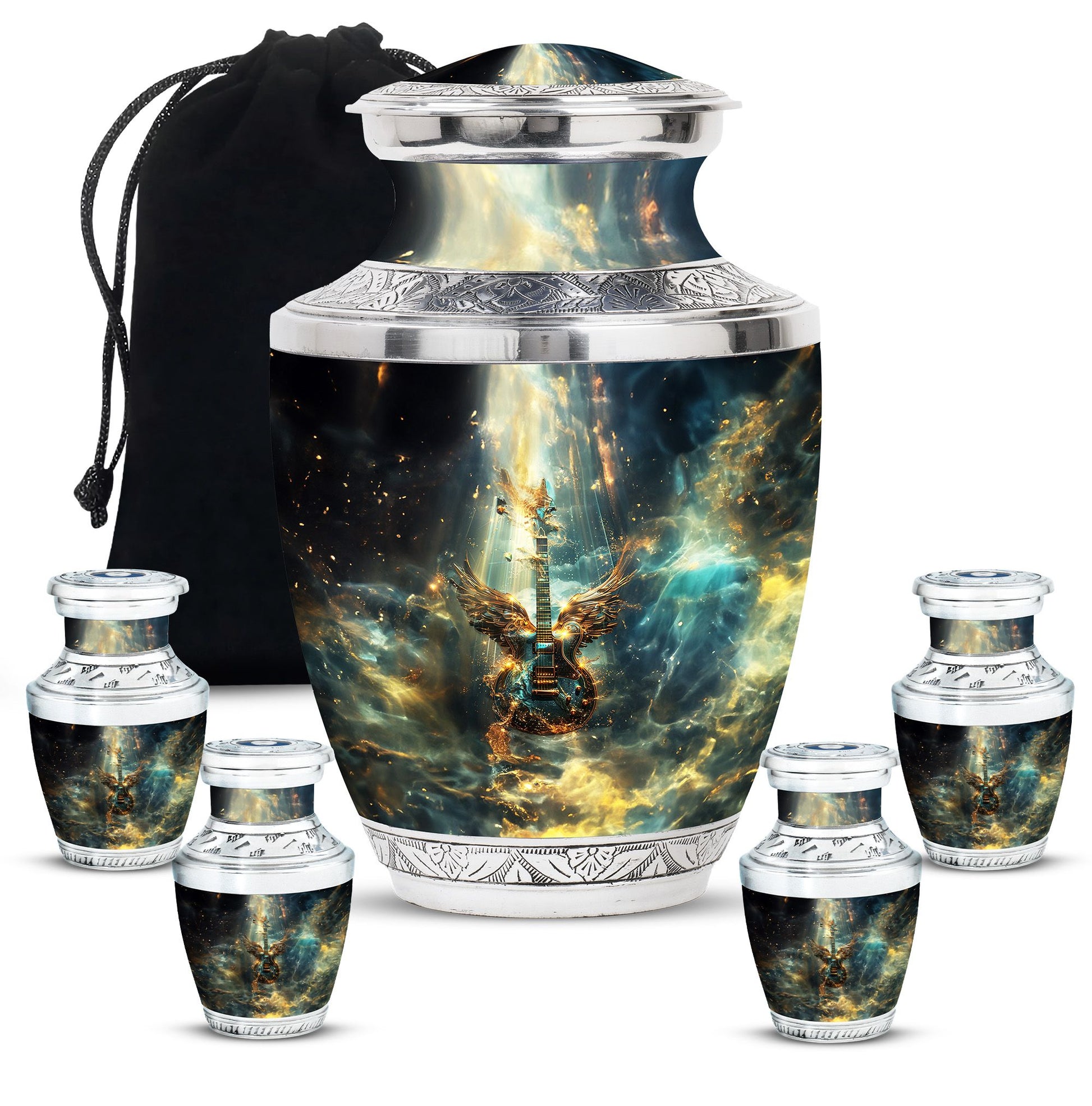 Guitar Theme Large Urn With 4 Keepsake Urn